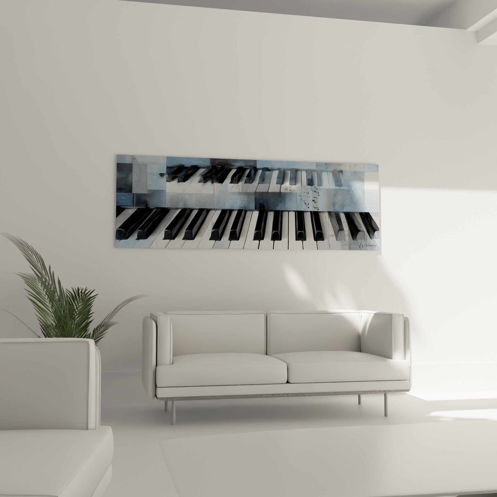 Clavier bleu gris et noir profond aux reflets brillants, au-dessus d'un canapé dans un salon lumineux