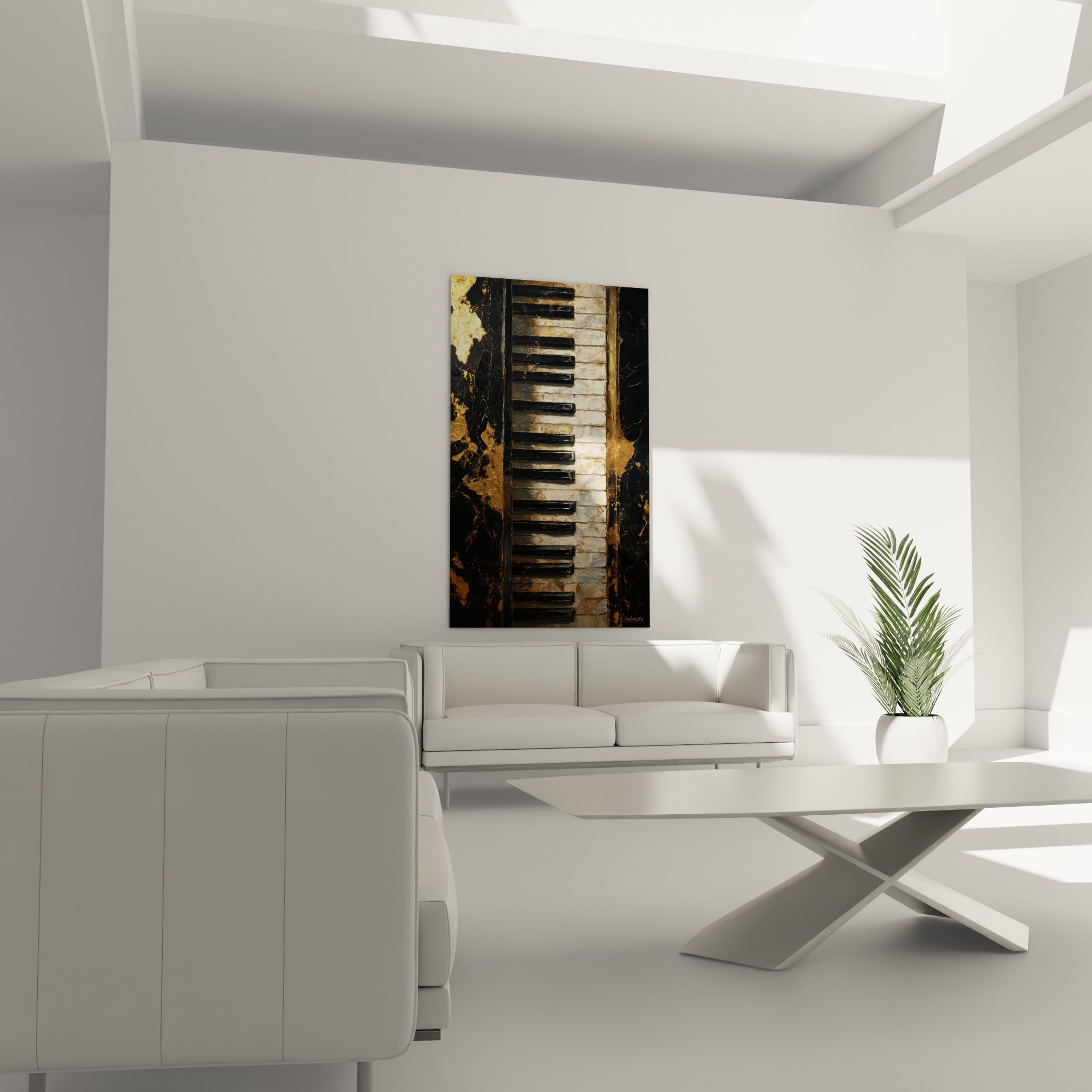 Piano stylisé en noir anthracite et doré scintillant, suspendu au-dessus d'un canapé dans un salon lumineux
