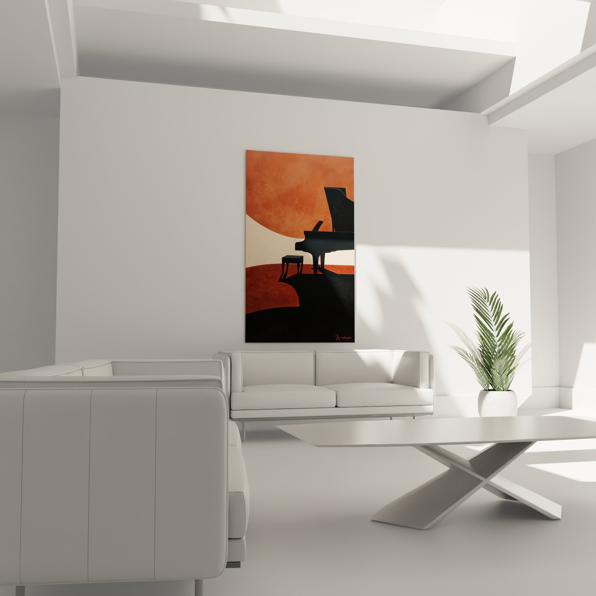 Instrument à queue anthracite se découpant sur mur terracotta strié, au-dessus d'un canapé dans un salon lumineux