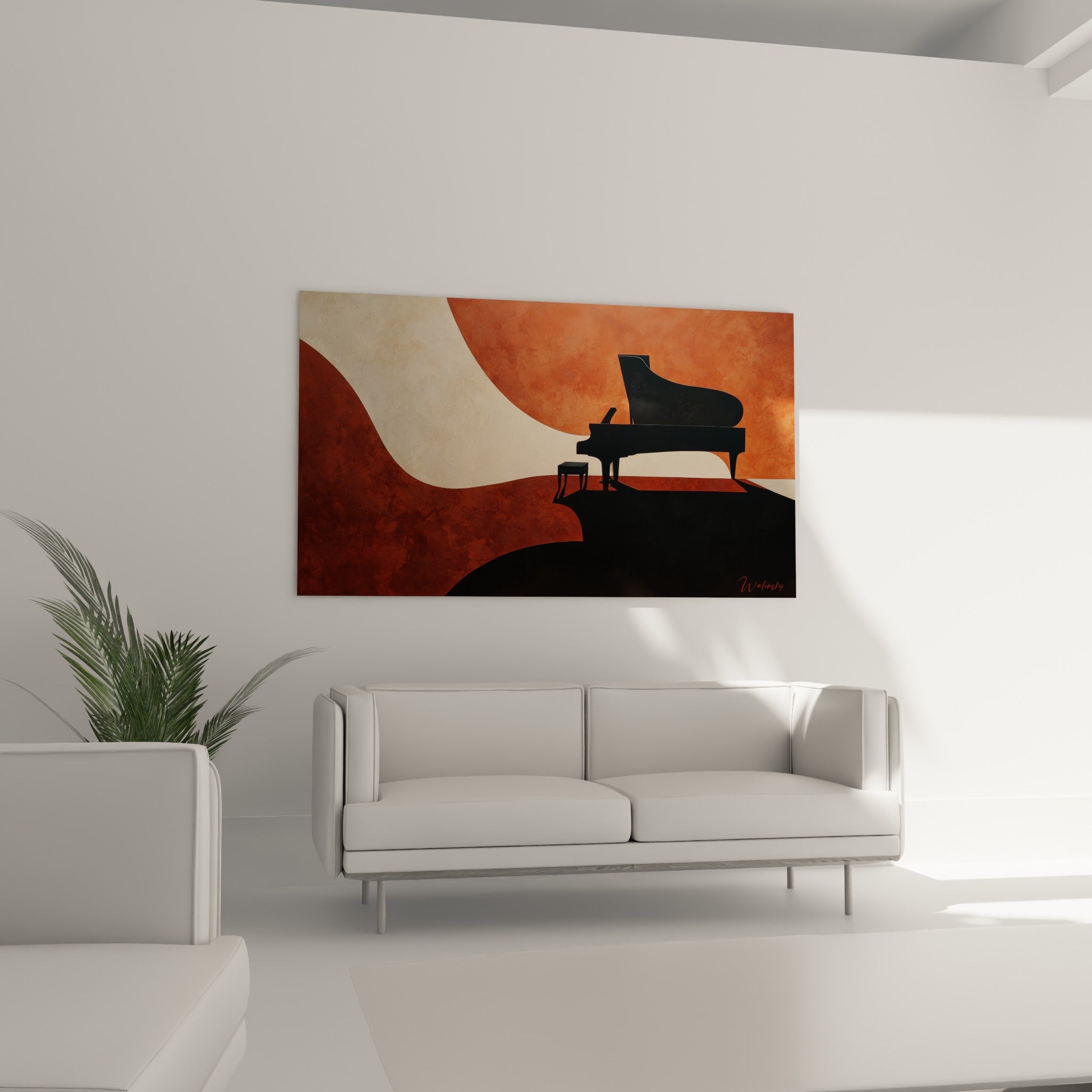Instrument à queue en ombre sur fond brun rouille, tableau Musique au-dessus d'un canapé dans un salon lumineux