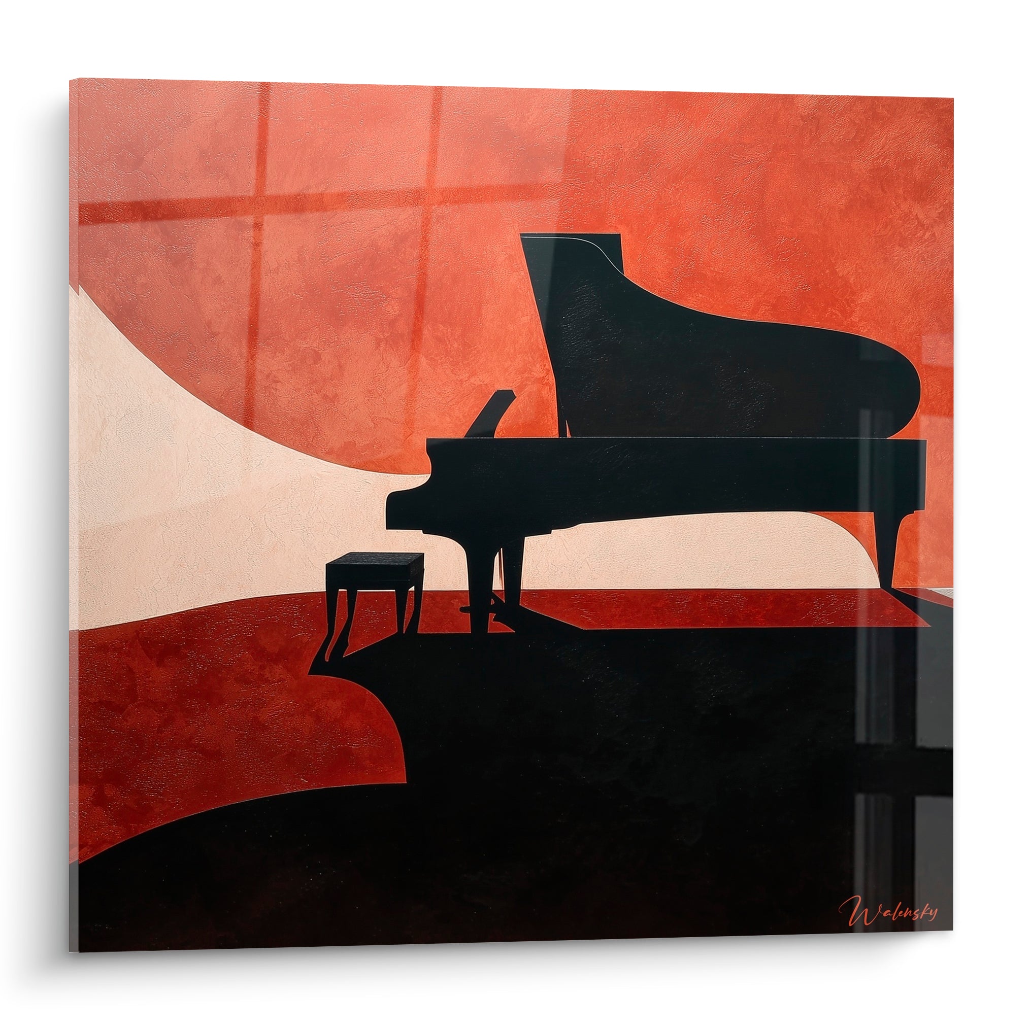 Piano à queue en silhouette anthracite se détachant sur un fond terracotta texturé et lumineux