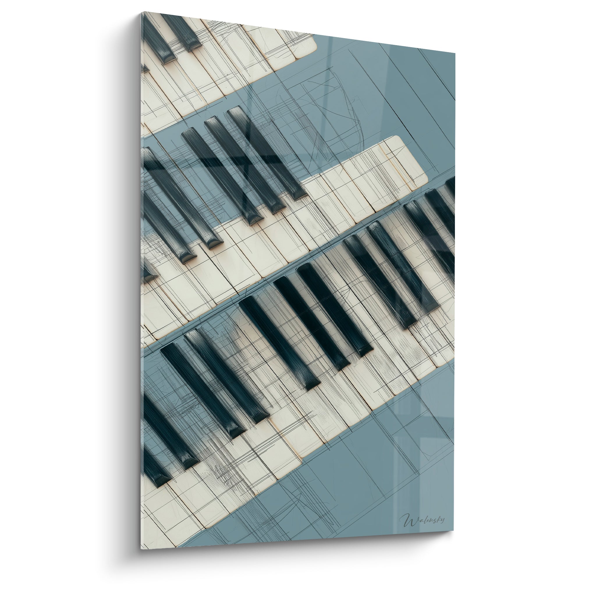 Clavier de piano ivoire et noir sur fond bleu ardoise esquissé, composition diagonale graphique
