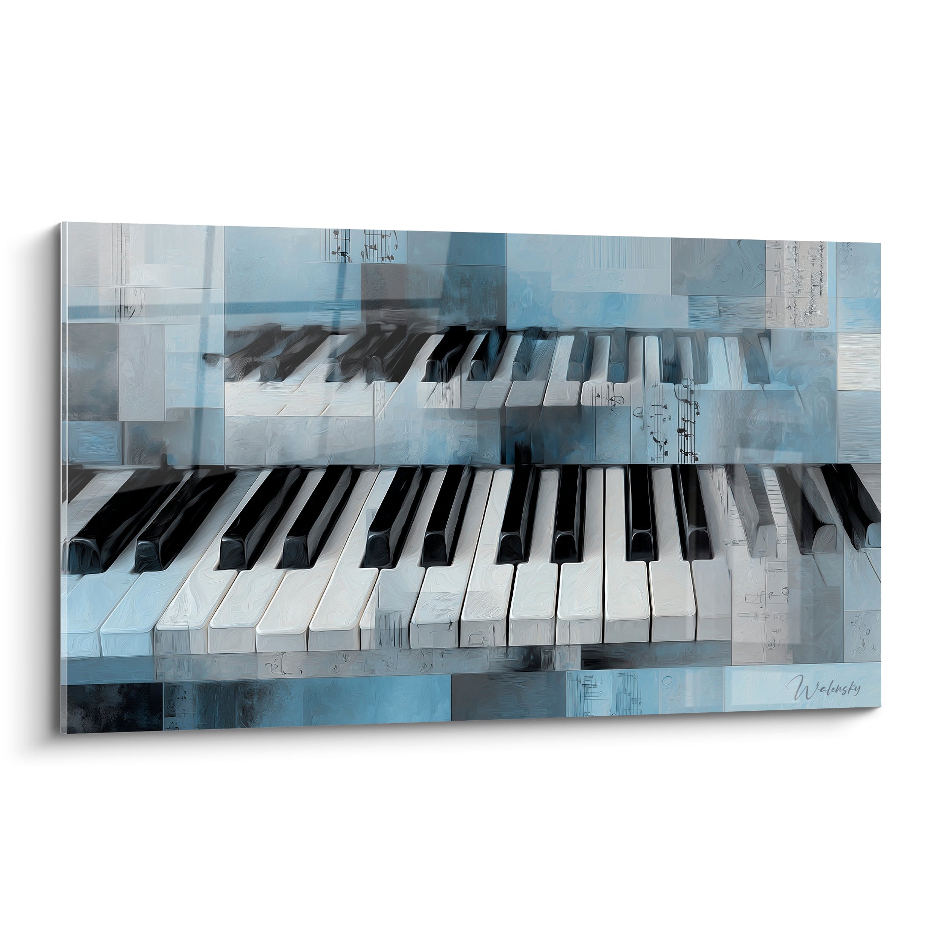 Piano aux touches noires et blanches sur fond bleu ardoise, notations musicales visibles en filigrane
