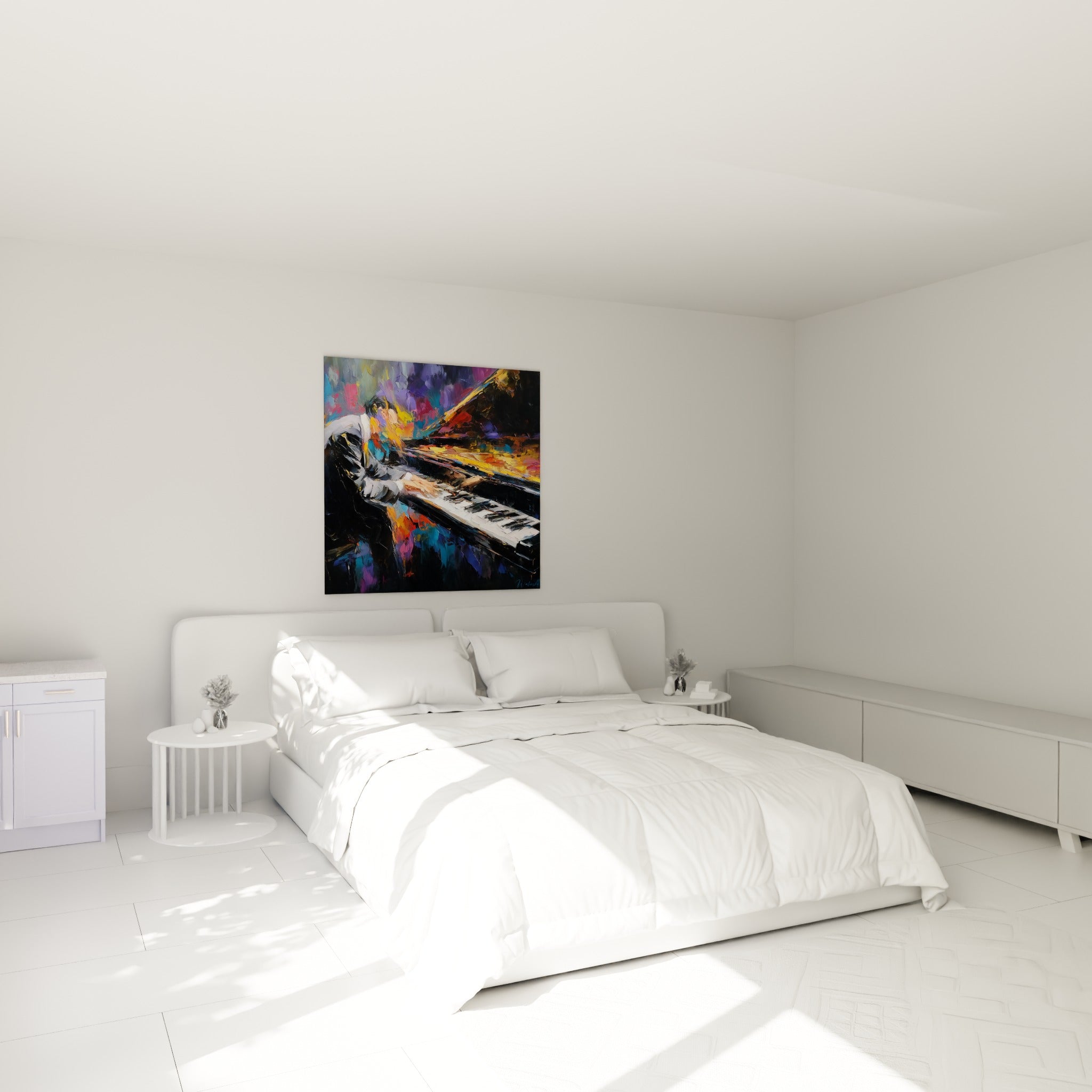 Musicien absorbé dans son jeu, tons bleu marine et ambrés, tableau musique au-dessus d'un lit dans une chambre claire