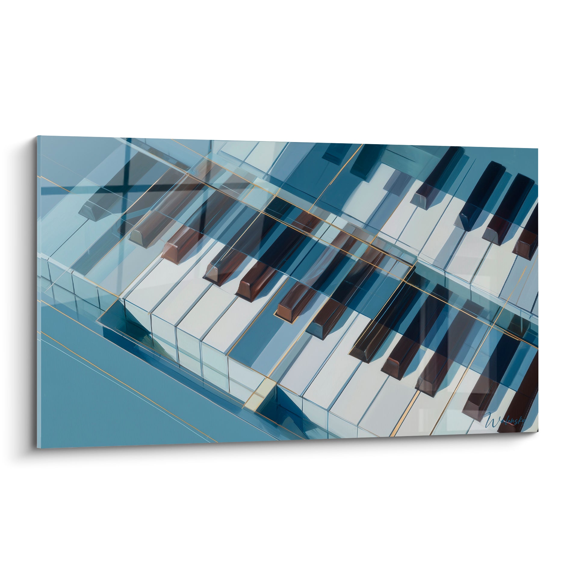 Clavier de piano bleu marine et doré, touches noires brillantes en composition géométrique