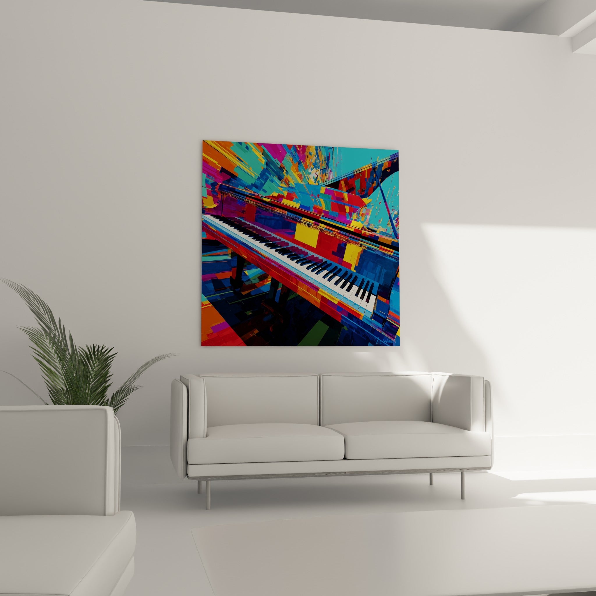 Piano éclaté en teintes rouge et bleu ciel au-dessus d'un canapé dans un salon lumineux