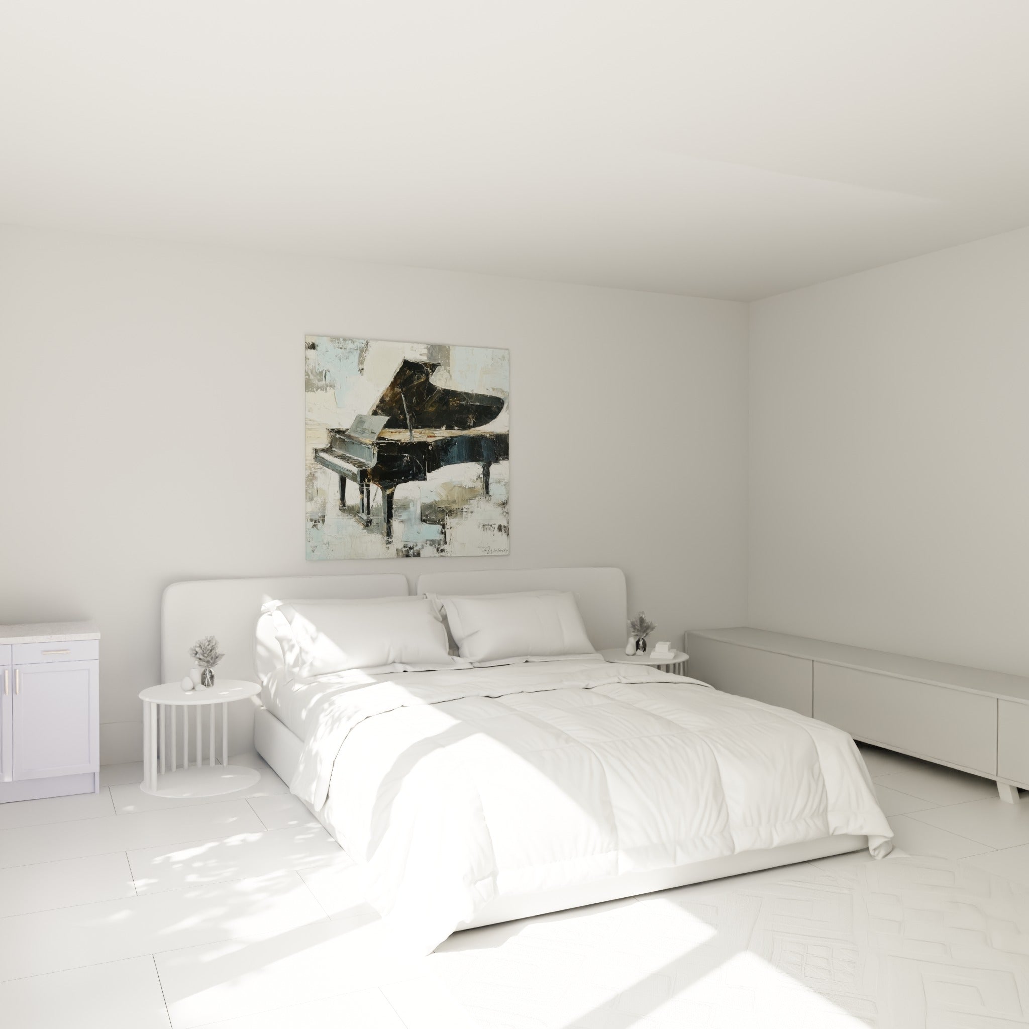Instrument noir et bleu poudré à la matière sculptée, accroché au-dessus d'un lit dans une chambre claire