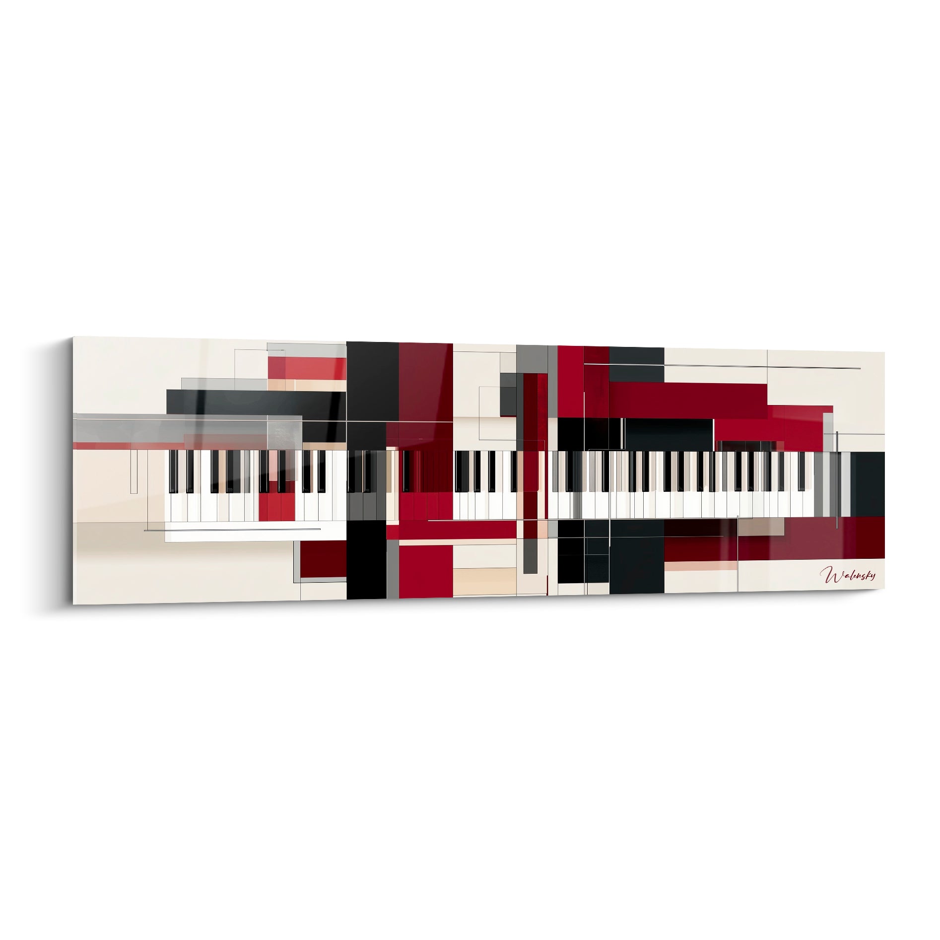 Musique en clavier fragmenté rouge bordeaux et anthracite sur fond crème géométrique