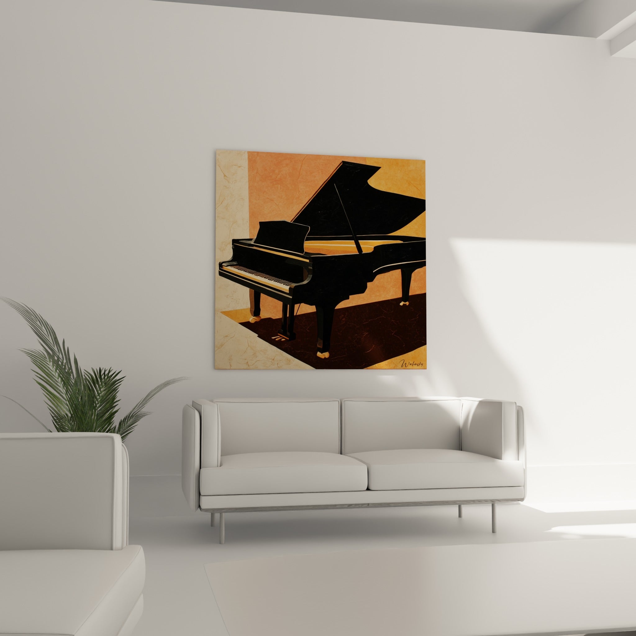 Silhouette élégante du piano noir et terracotta, tableau Musique au-dessus d'un canapé dans un salon lumineux