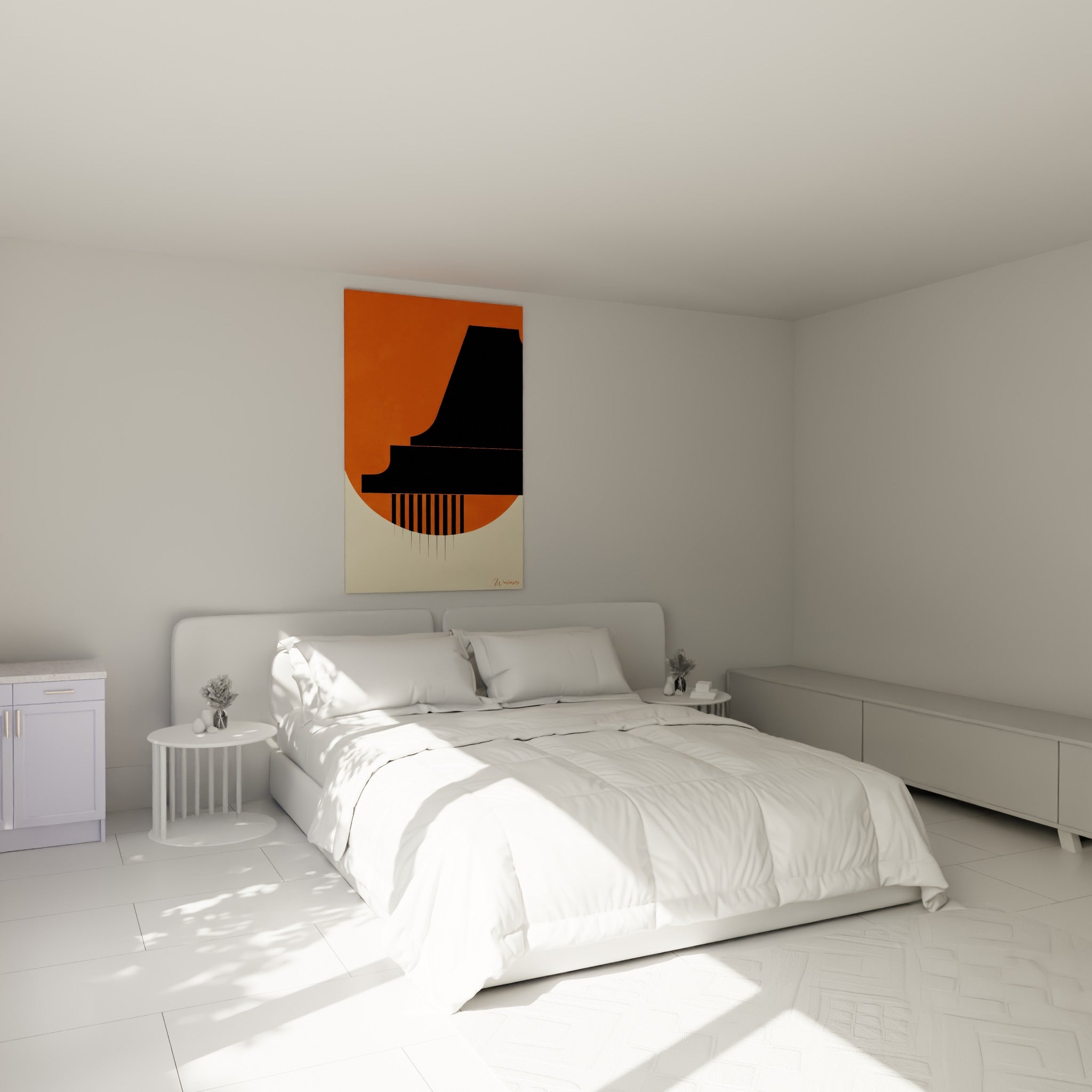 Silhouette de piano noir et orangé accrochée au-dessus d'un lit dans une chambre claire