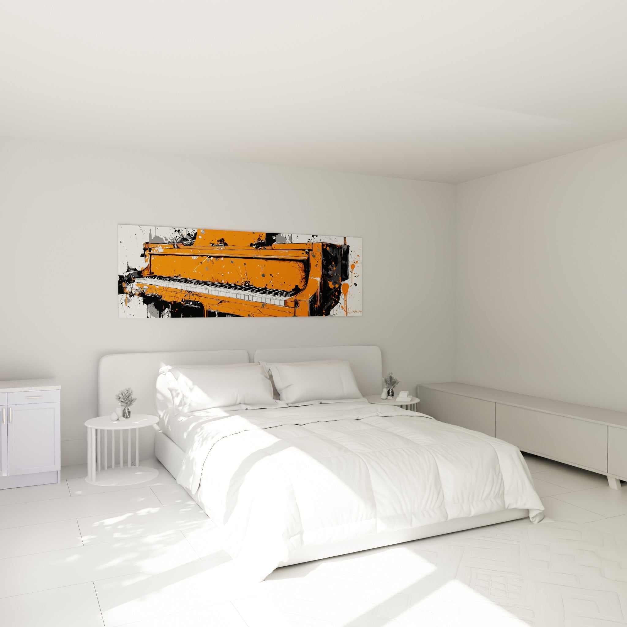 Piano orange et noir aux touches éclaboussées, accroché au-dessus d'un lit dans une chambre claire
