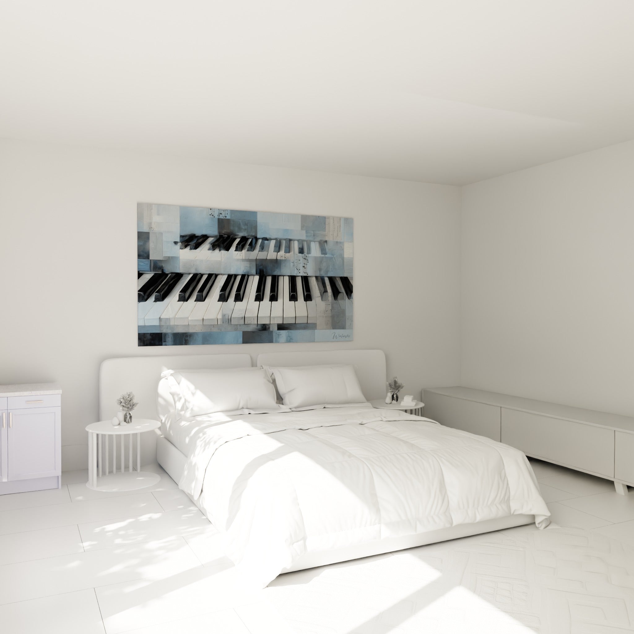 Clavier de piano bleu pastel et anthracite au-dessus d'un lit dans une chambre claire