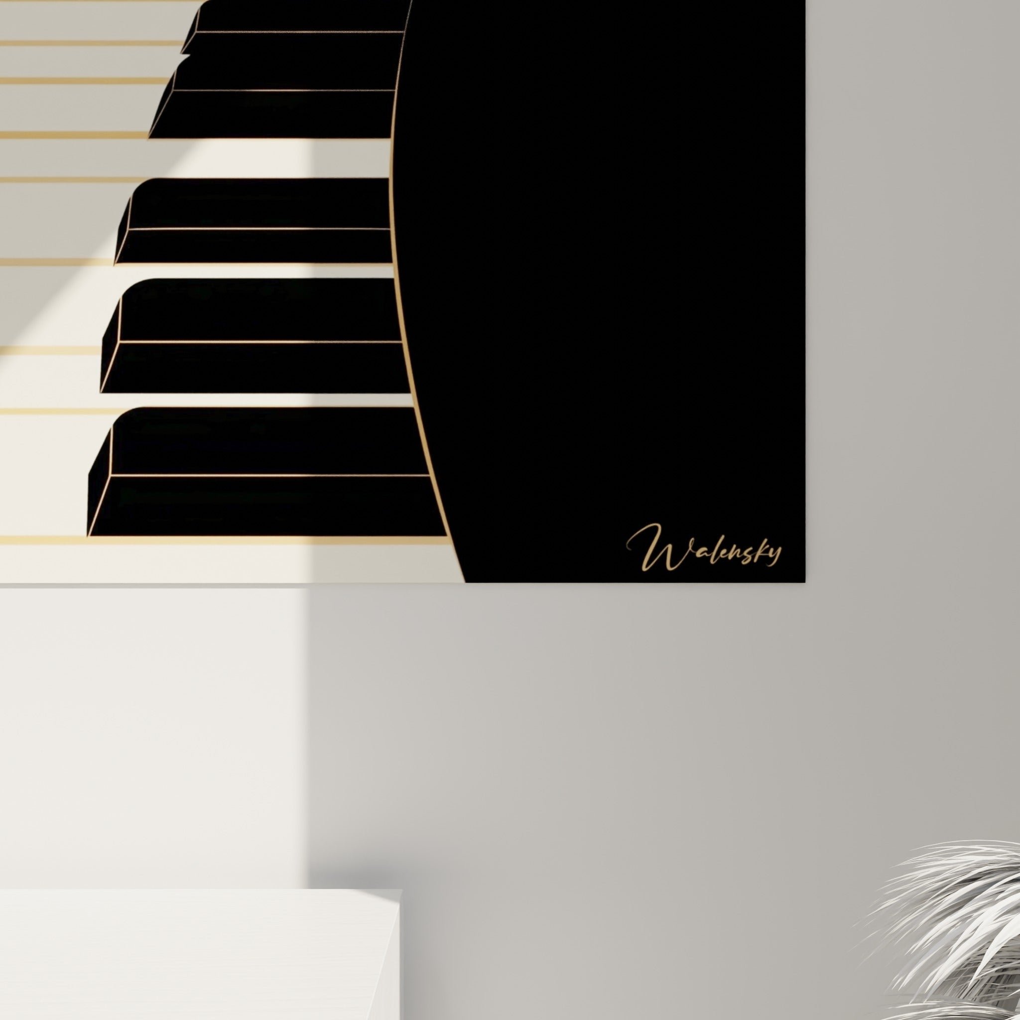 Empâtements noirs et reflets dorés sur les touches de piano, grain de l'impression visible en angle rapproché