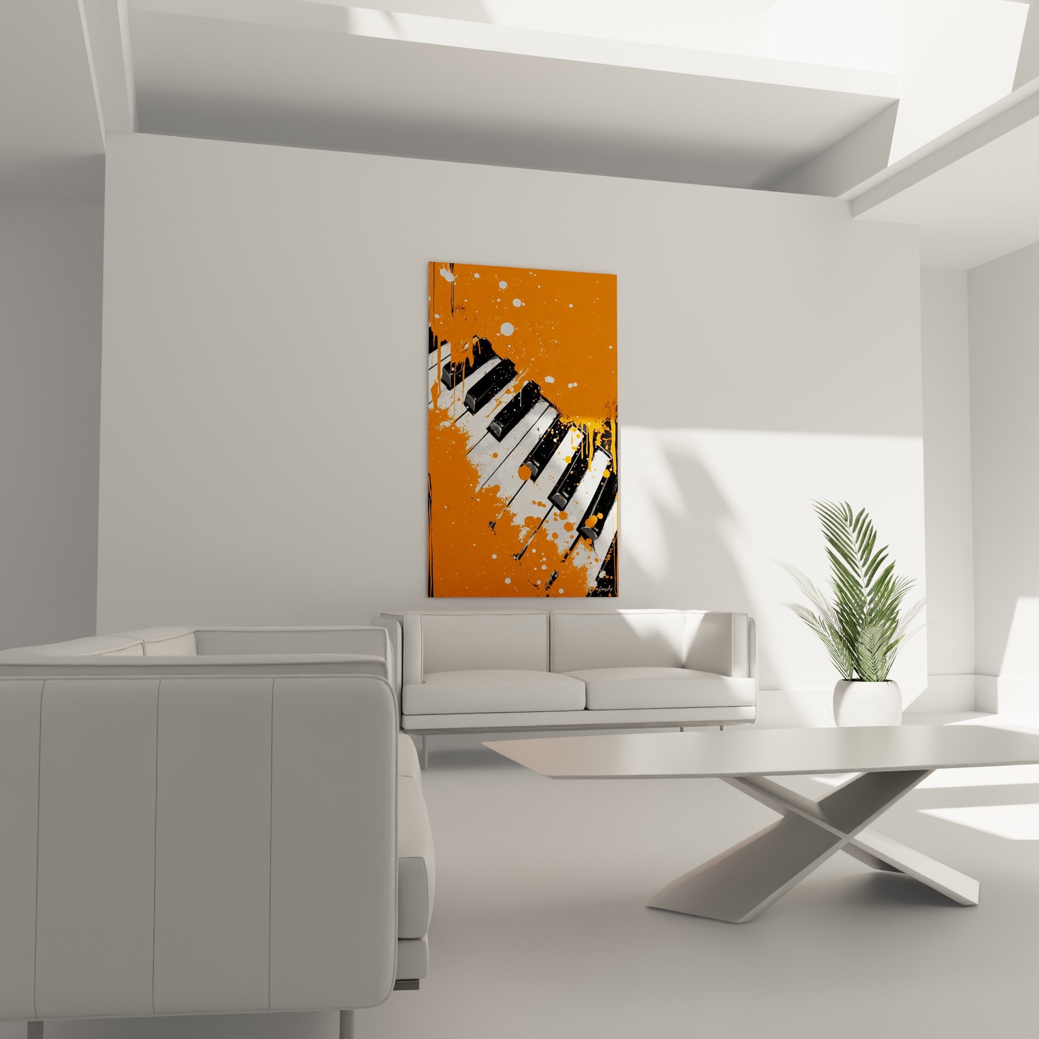 Piano stylisé aux coulures noires sur fond orange intense, au-dessus d'un canapé dans un salon lumineux