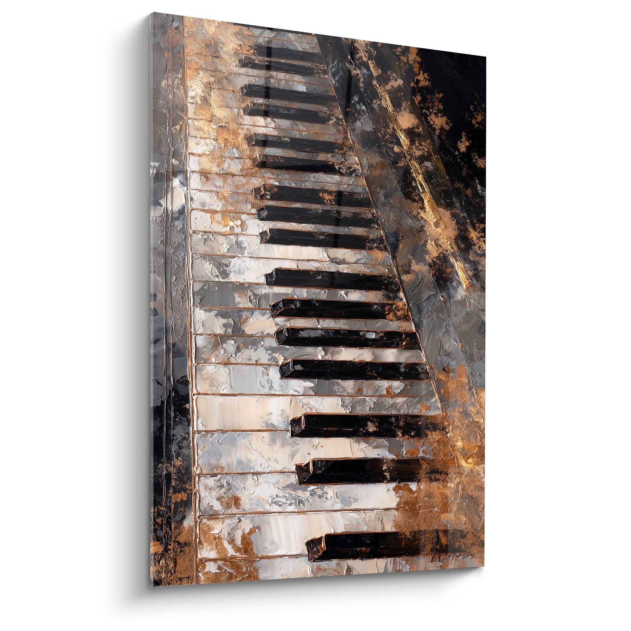 Clavier de piano en diagonale, touches noires et dorées texturées, empâtements de peinture sur toile