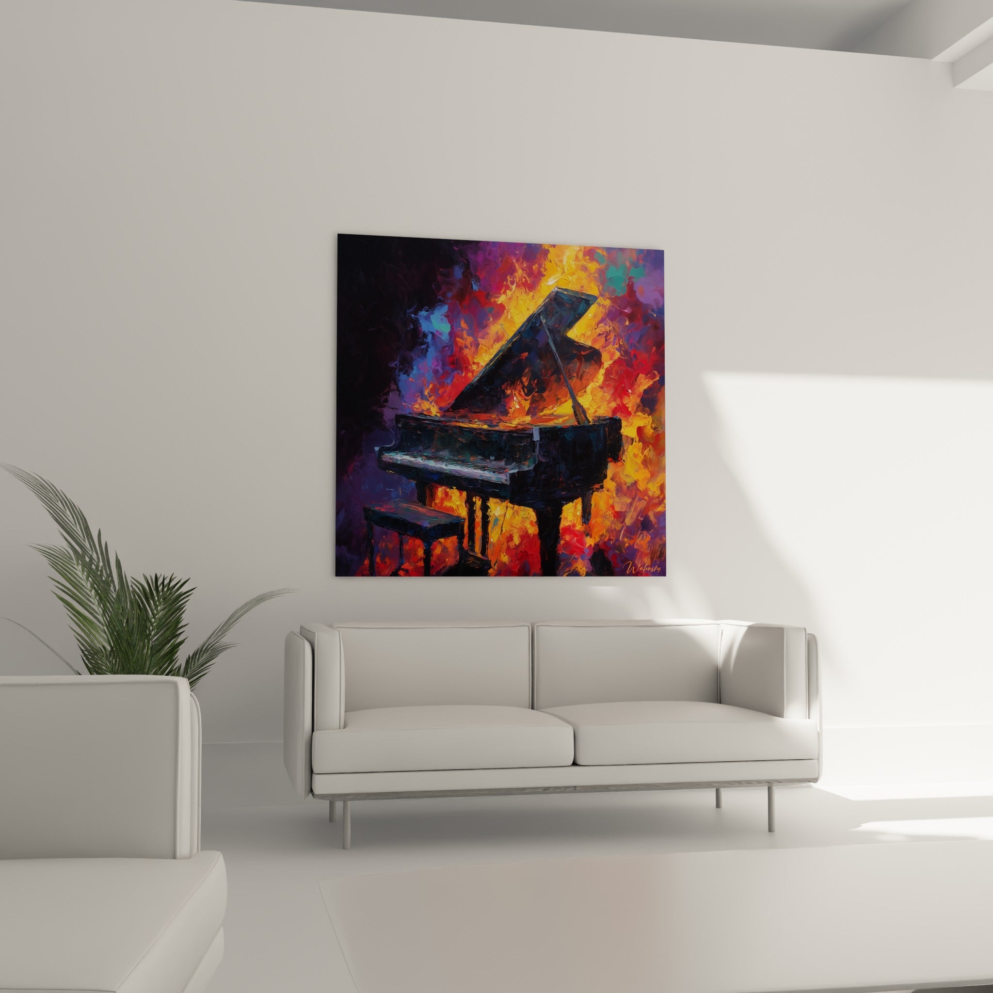 Piano en flammes dorées et violettes suspendu au-dessus d'un canapé dans un salon lumineux