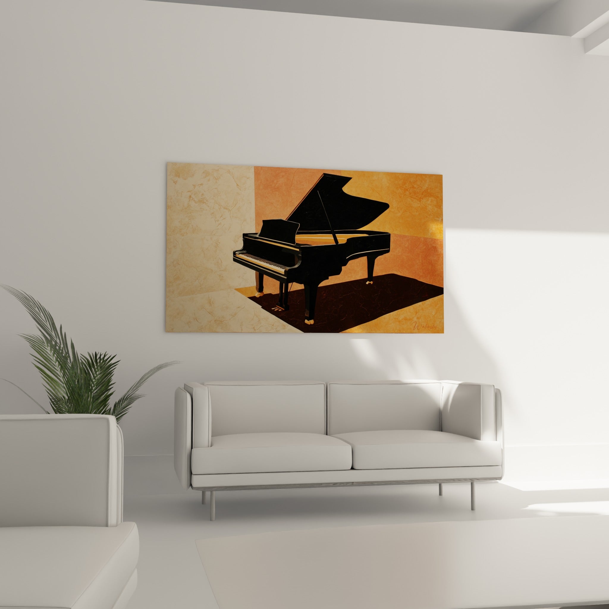 Silhouette noire du piano se détachant sur des aplats orangés, accrochée au-dessus d'un canapé dans un salon lumineux