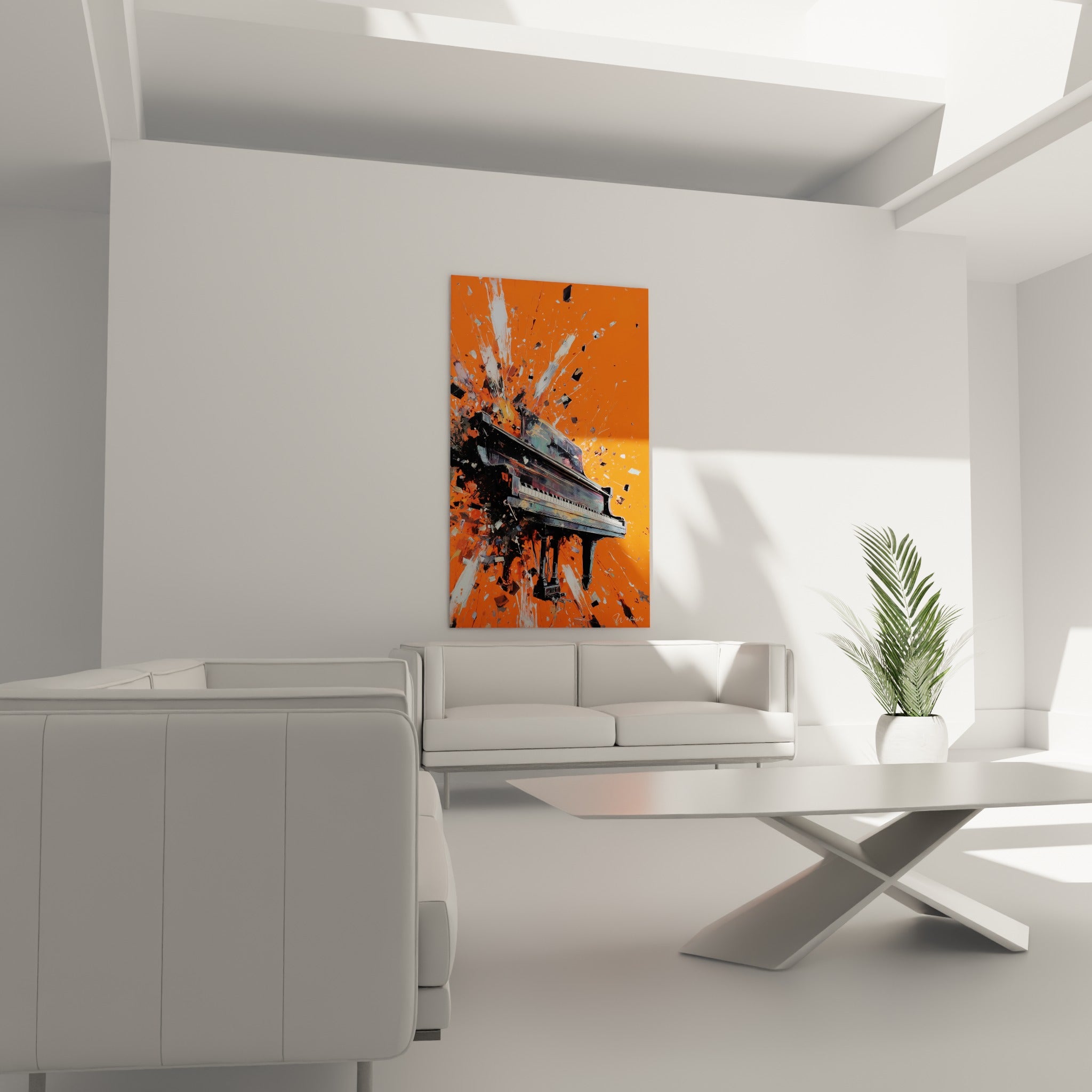 Silhouette de piano noir jaillissant d'éclats blancs sur orange, au-dessus d'un canapé dans un salon lumineux