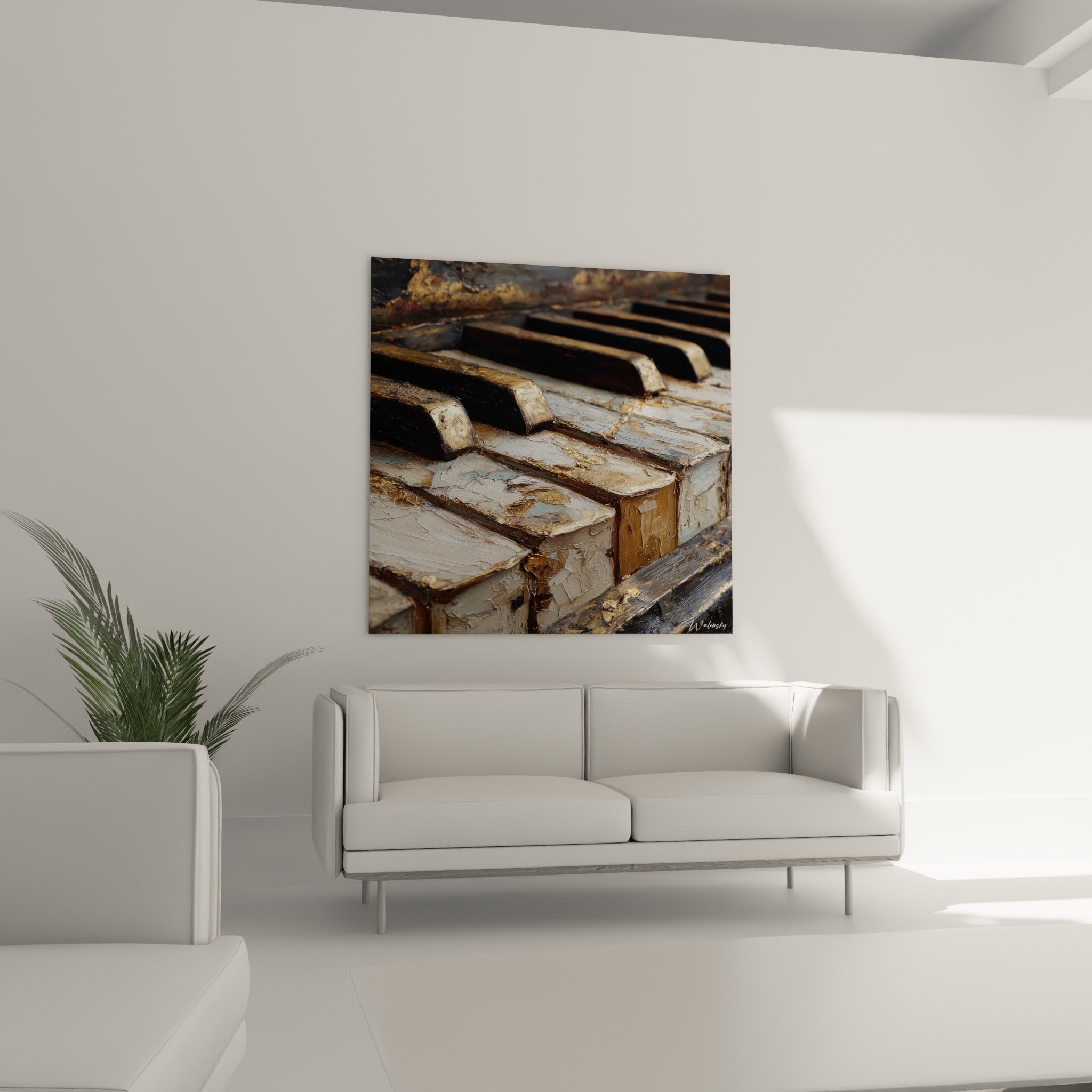 Musique en clavier anthracite et bronze texturé, disposée au-dessus d'un canapé dans un salon lumineux