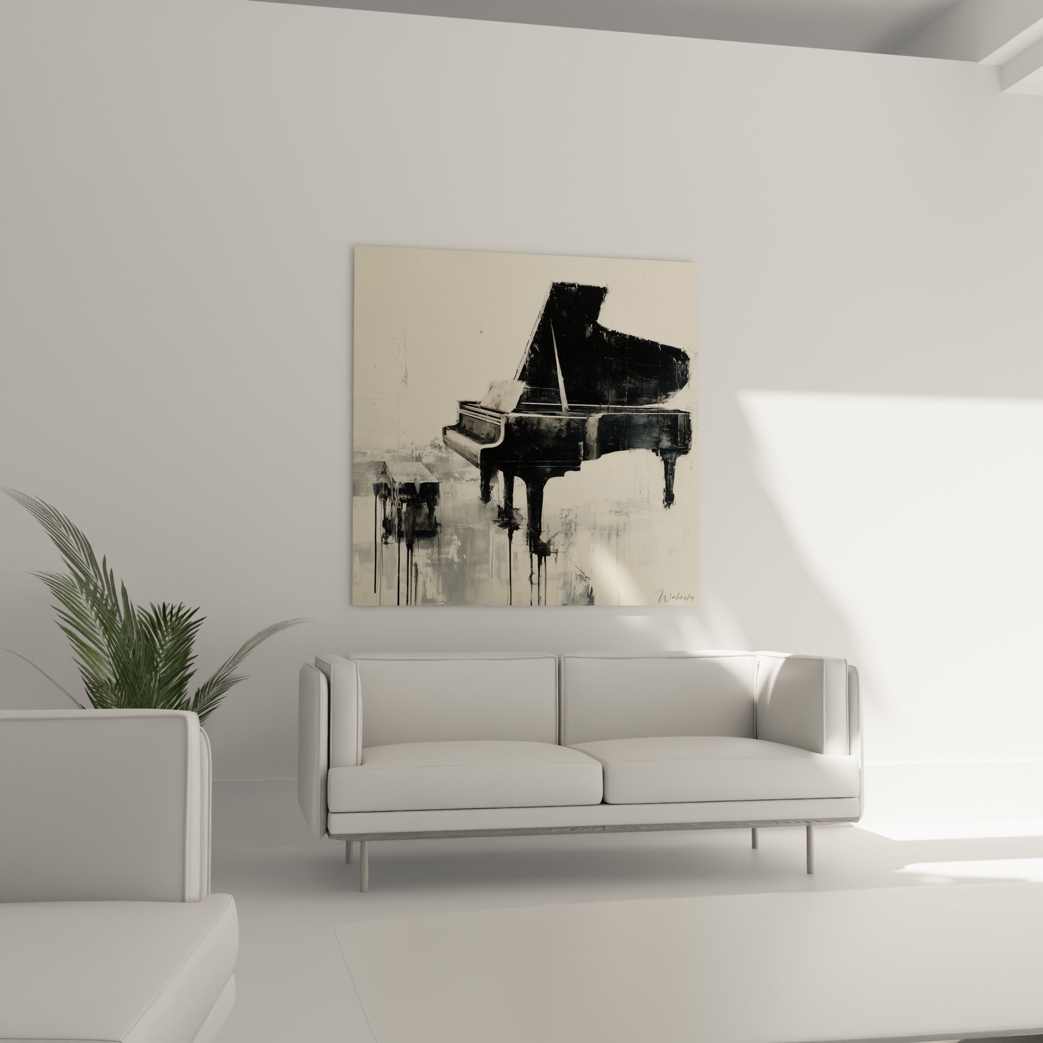 Piano sombre aux traits calligraphiques sur fond crème, tableau Musique au-dessus d'un canapé dans un salon lumineux