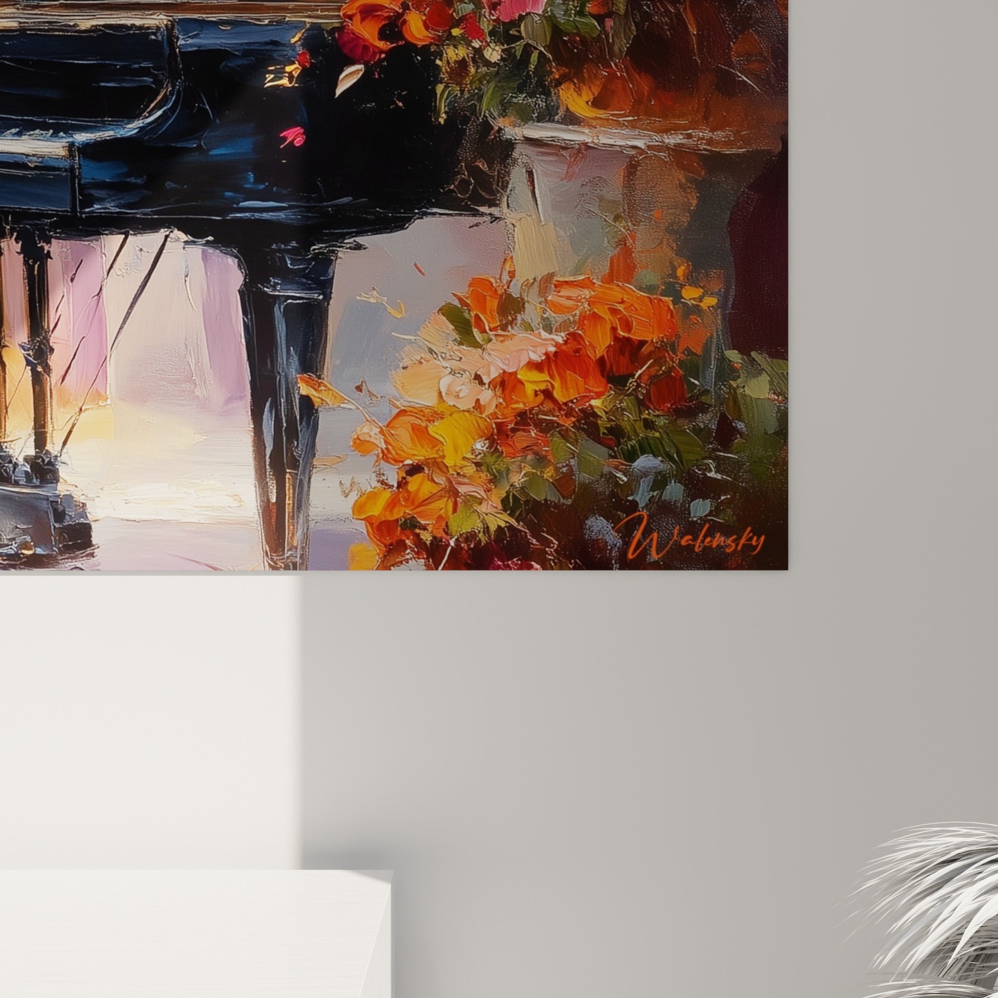 Empâtements épais révélant le vernis noir du piano et les pétales pourpres qui se touchent, détail de Musique