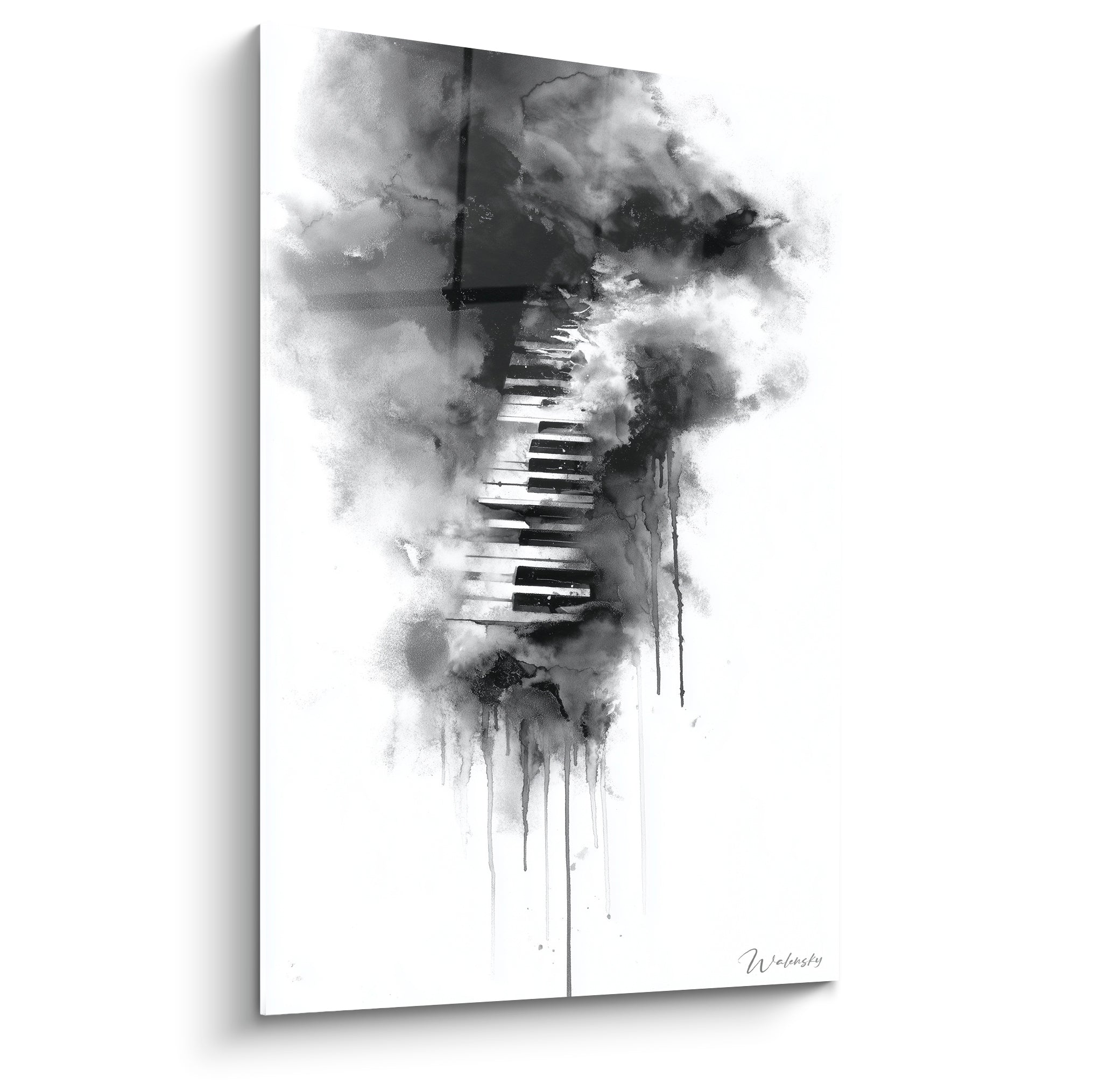 Clavier de piano émergeant de coulures d'encre noire et blanche, composition musicale expressive