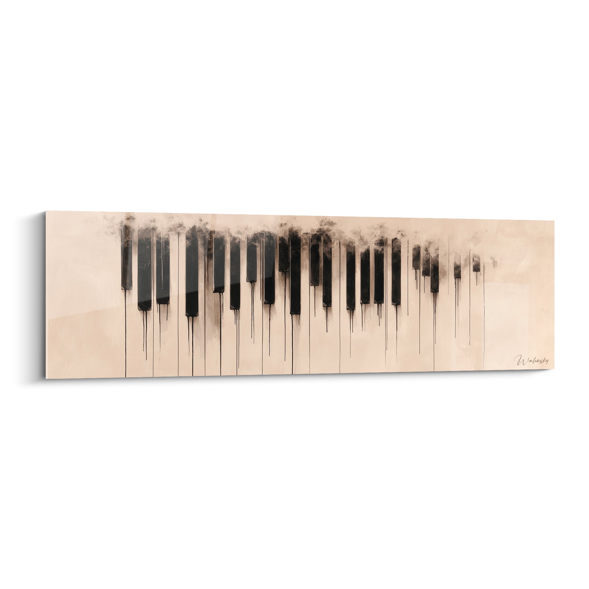 Clavier de piano en encre noire et ivoire, touches effilochées et coulures verticales sur fond clair