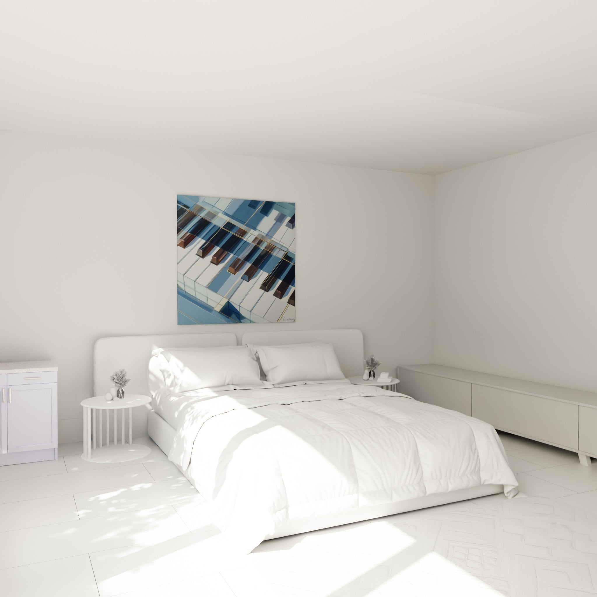 Touches de piano bleu marine et dorées accrochées au-dessus d'un lit dans une chambre claire