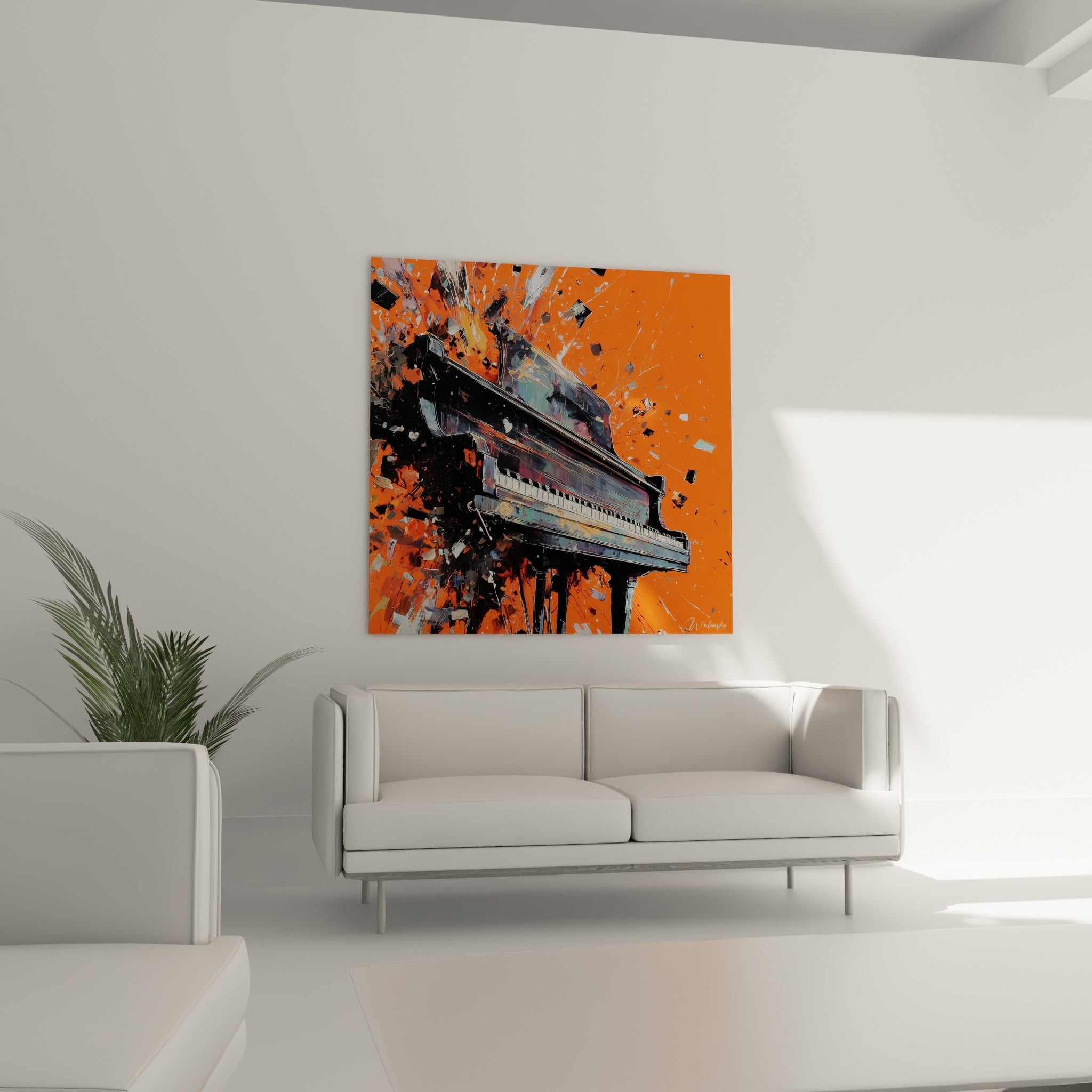 Silhouette de piano à queue anthracite fragmentée sur fond orange, au-dessus d'un canapé dans un salon lumineux