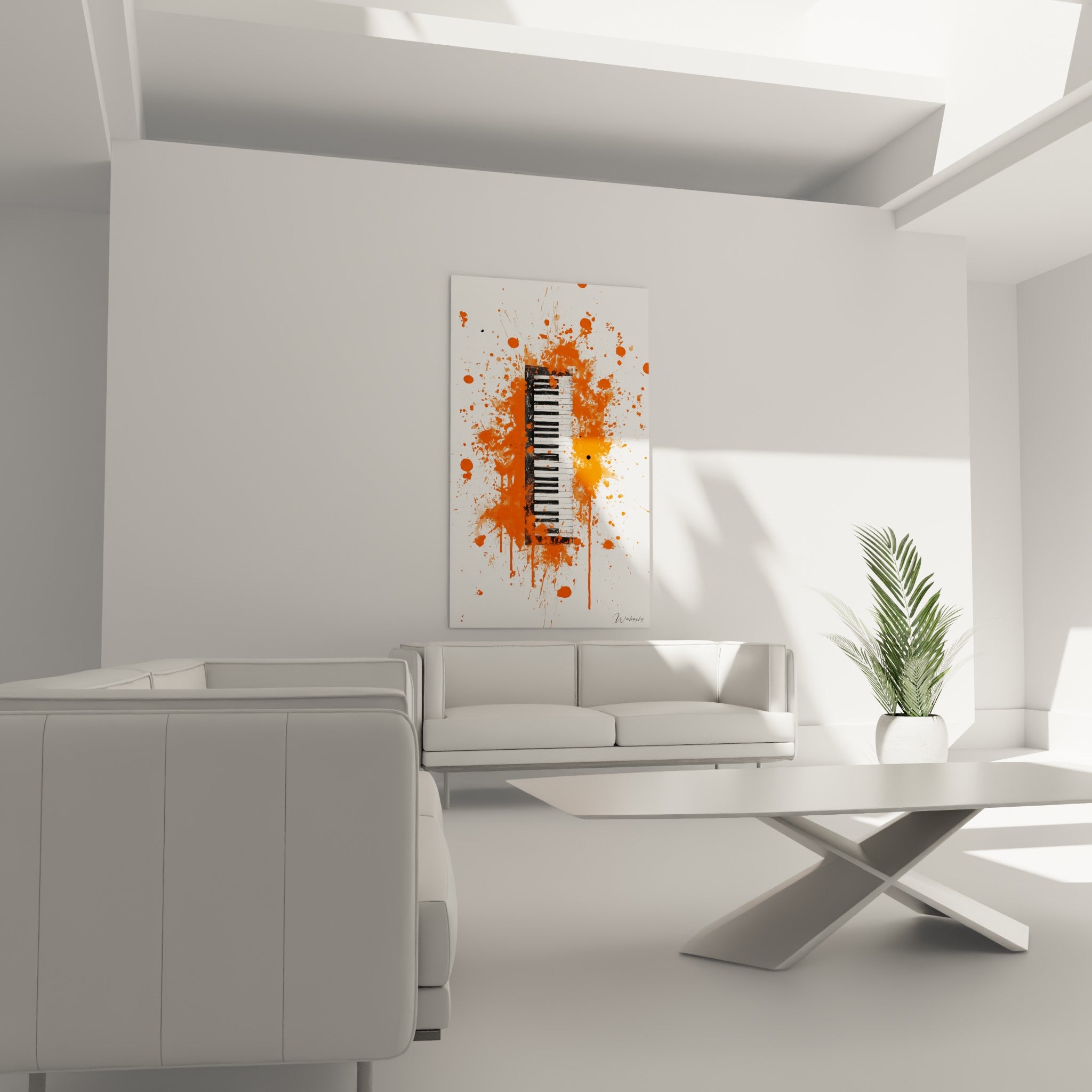 Piano éclaboussé de peinture orange et noire au-dessus d'un canapé dans un salon lumineux