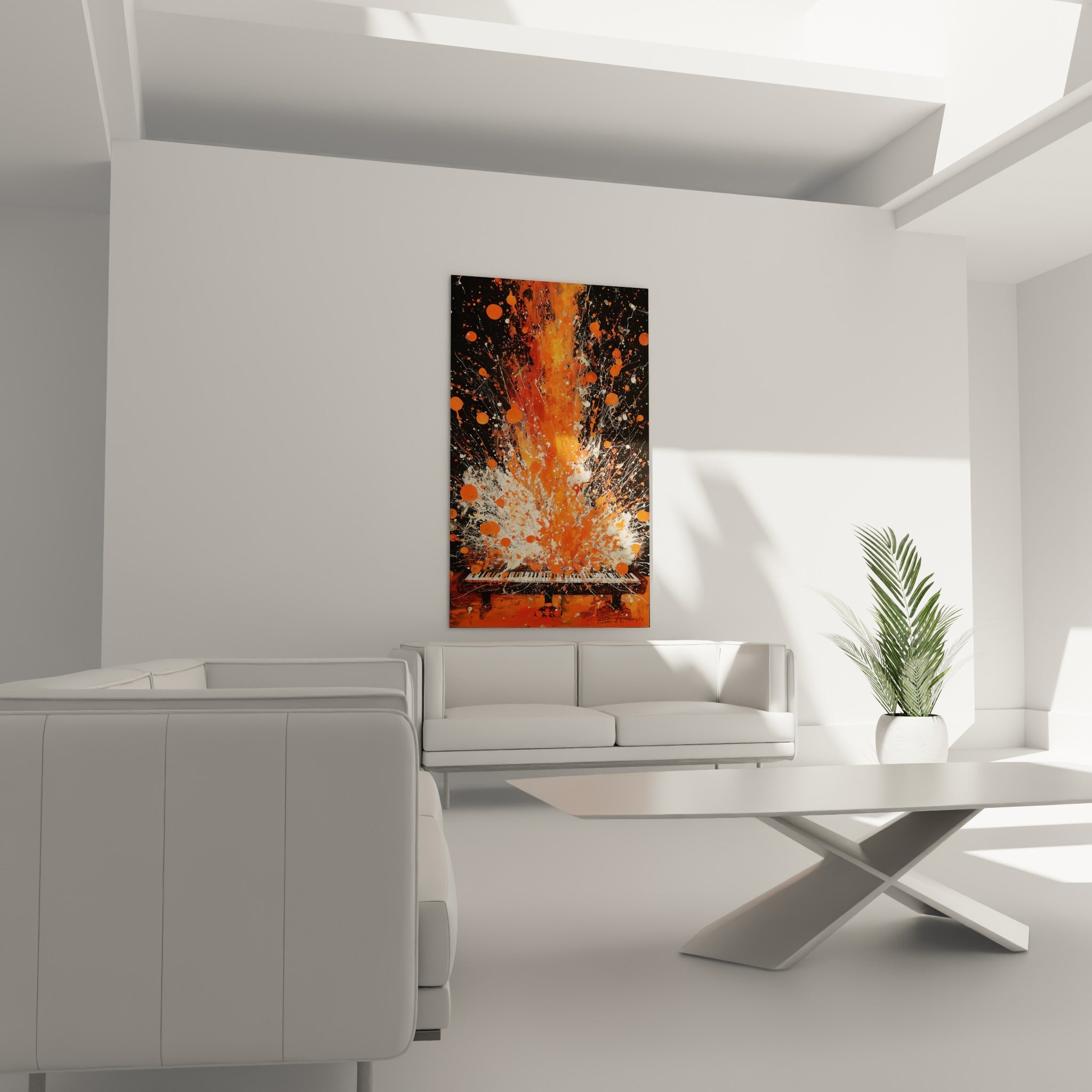 Instrument sombre surmonté d'une flamme picturale orange et blanche, au-dessus d'un canapé dans un salon lumineux