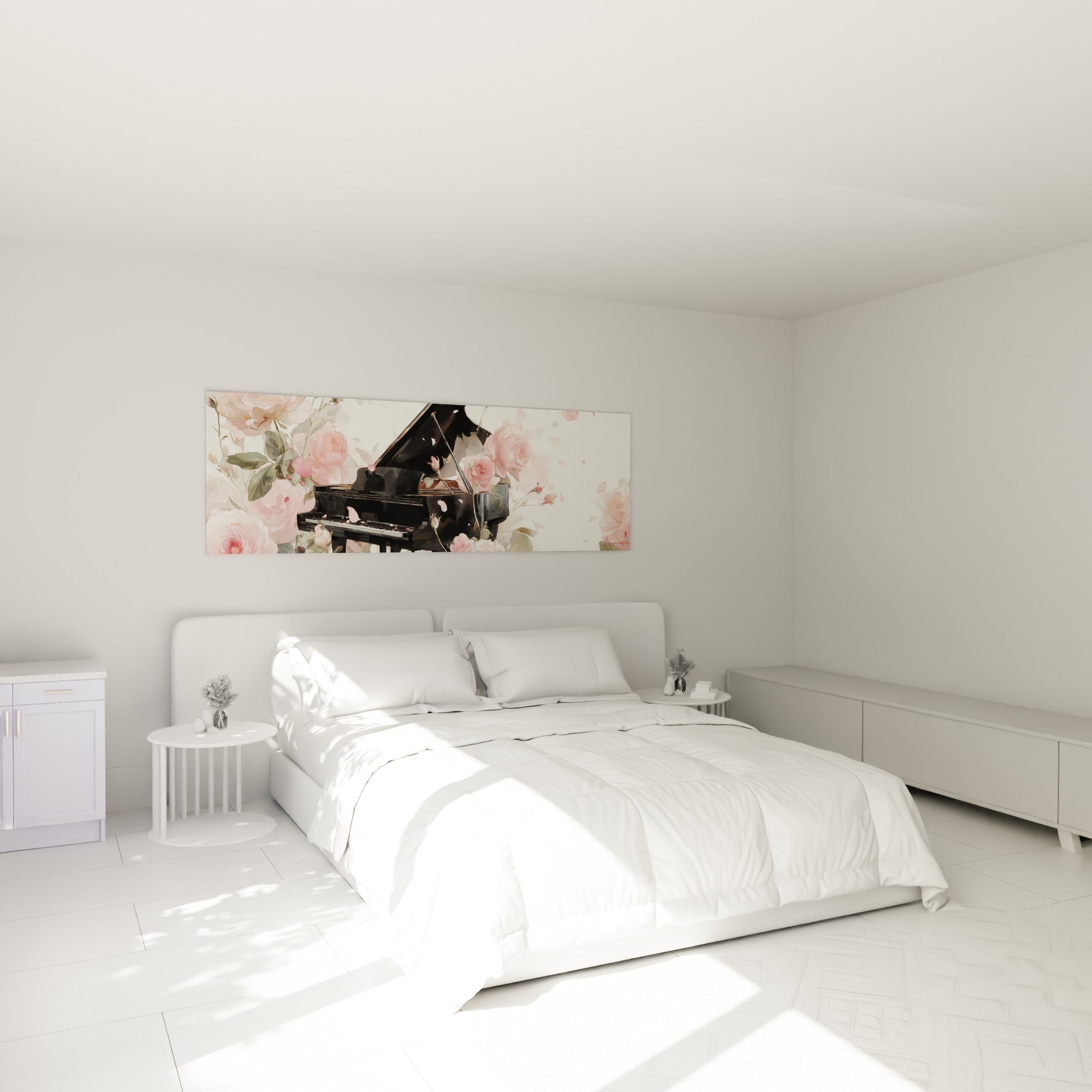 Instrument noir et roses poudrées peints avec finesse, accroché au-dessus d'un lit dans une chambre claire