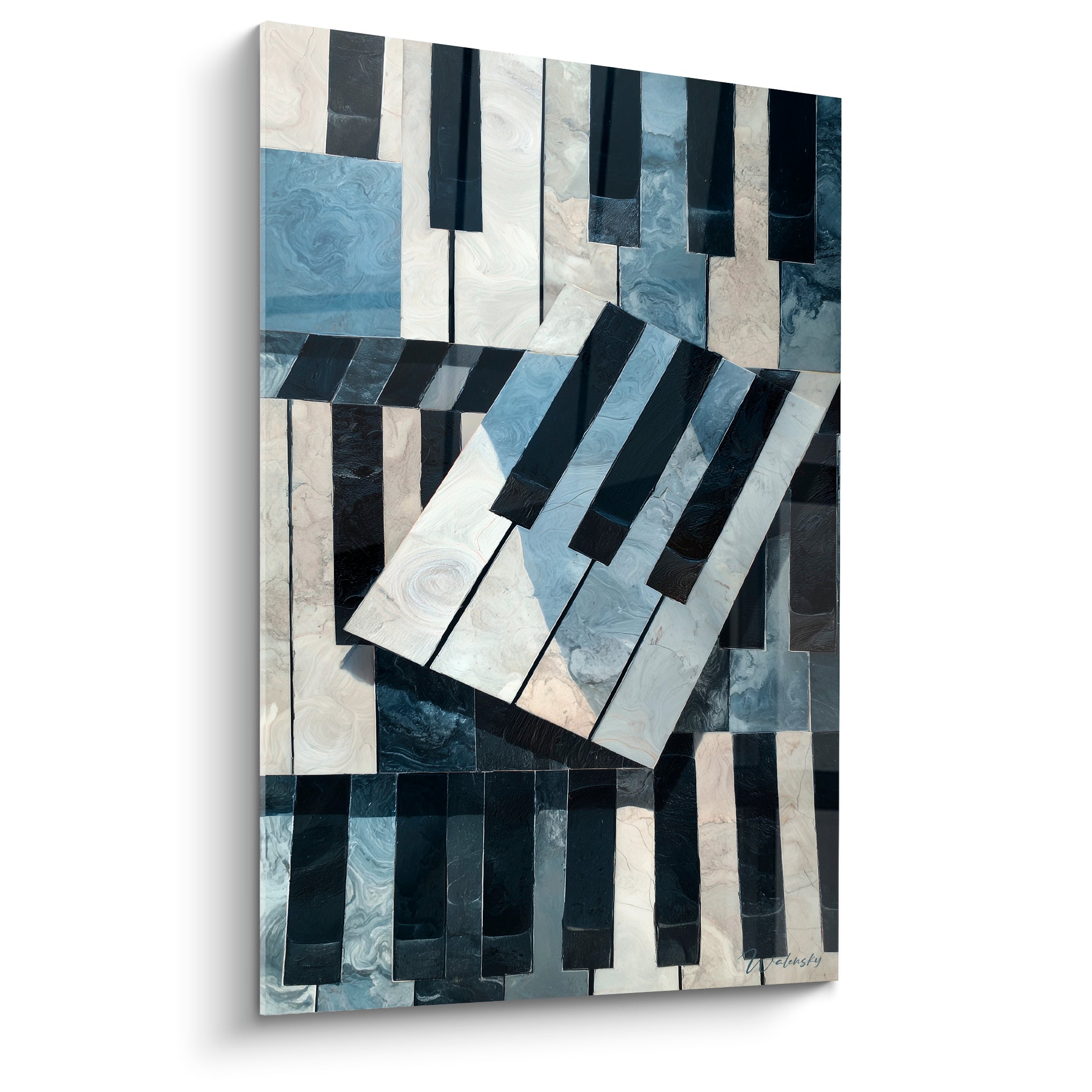 Piano fragmenté aux touches ivoire marbré et anthracite dans une composition graphique éclatée