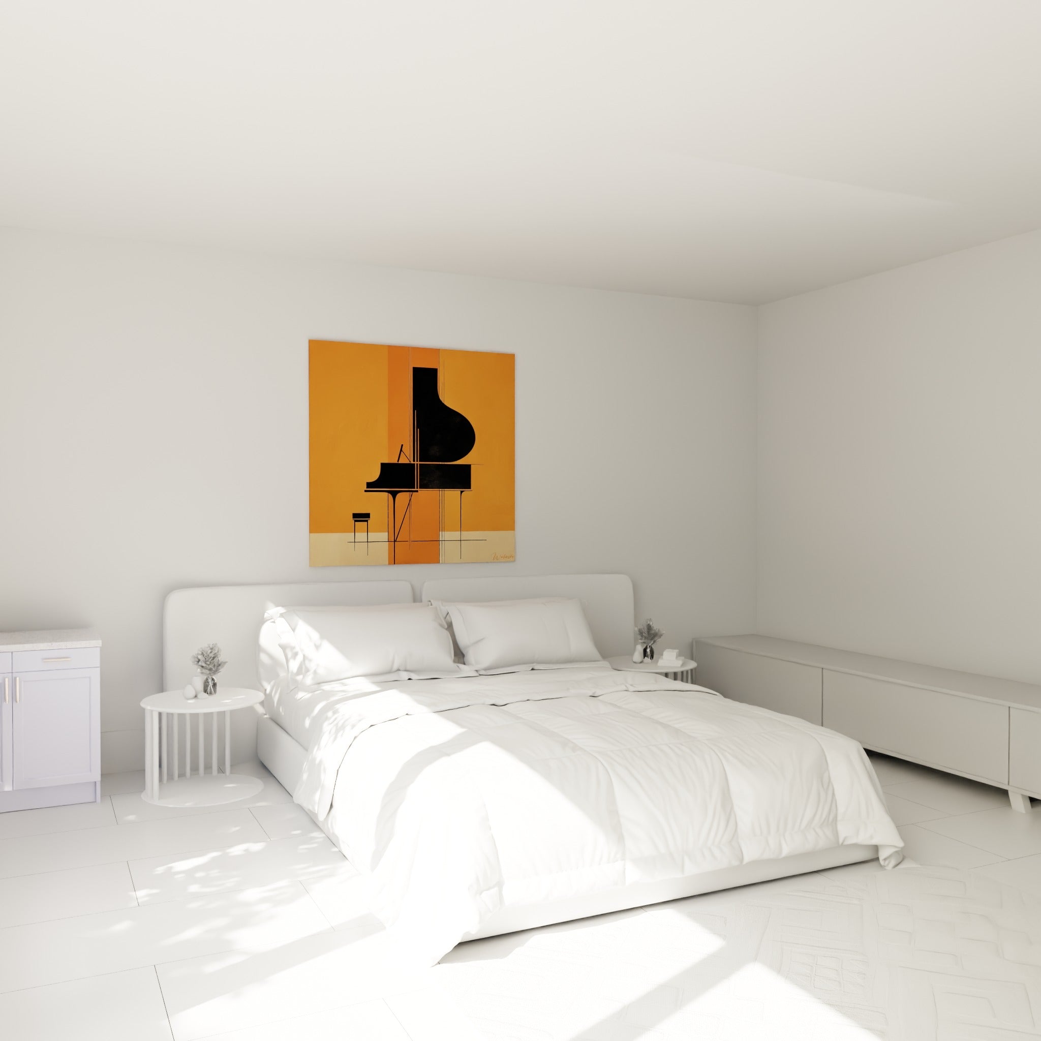 Silhouette de piano noir sur fond orange chaud accrochée au-dessus d'un lit dans une chambre claire