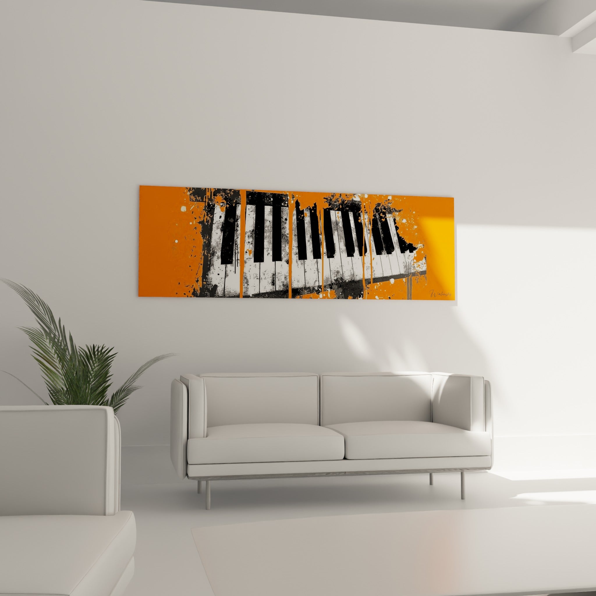 Clavier musical éclaté en noir et orange, au-dessus d'un canapé dans un salon lumineux