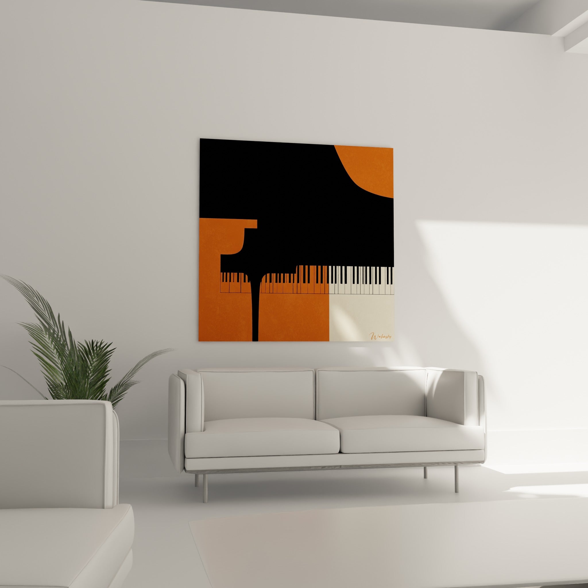 Instrument à clavier stylisé en noir et orange vif, au-dessus d'un canapé dans un salon lumineux