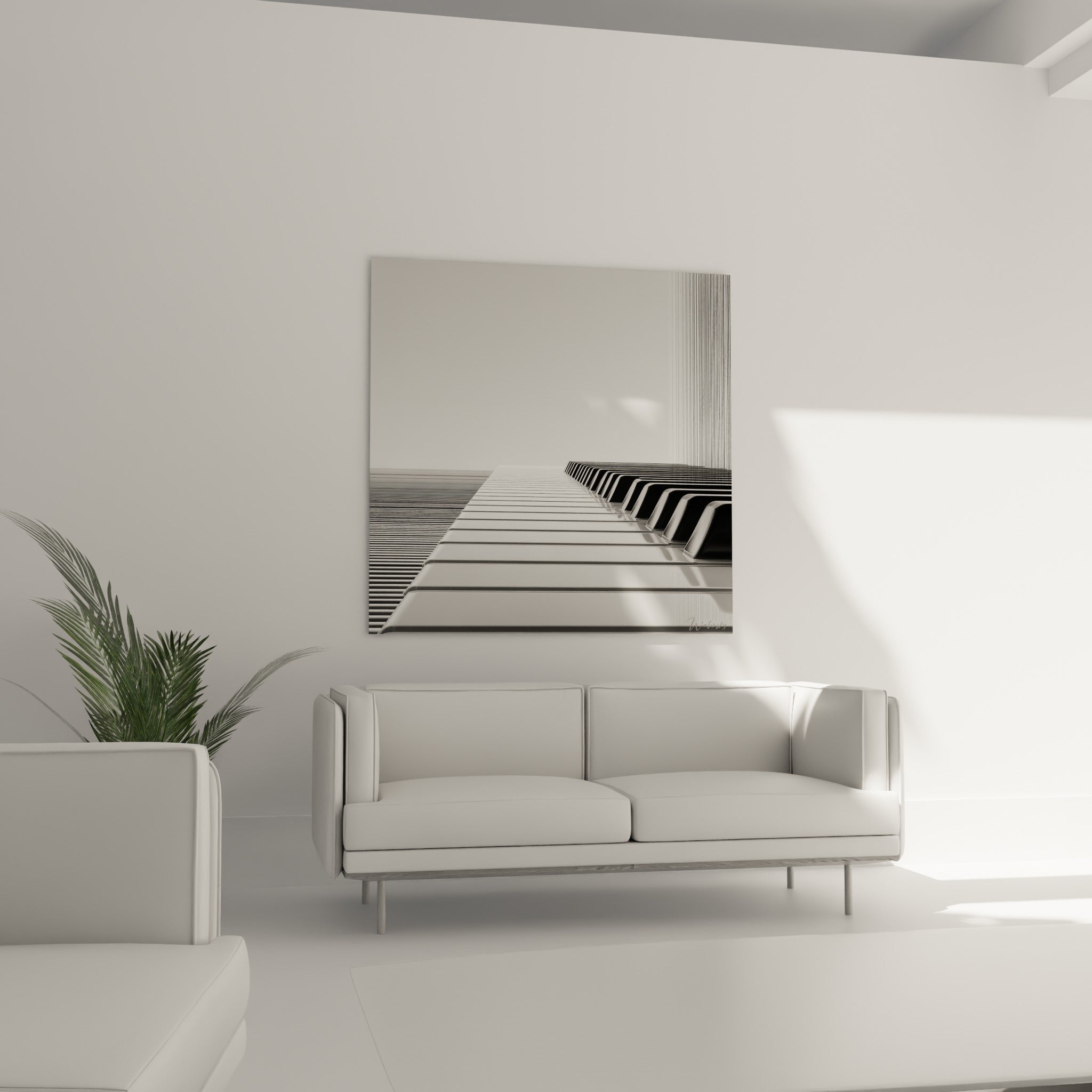 Touches de piano blanches et anthracite s'étirant à l'infini, suspendues au-dessus d'un canapé dans un salon lumineux