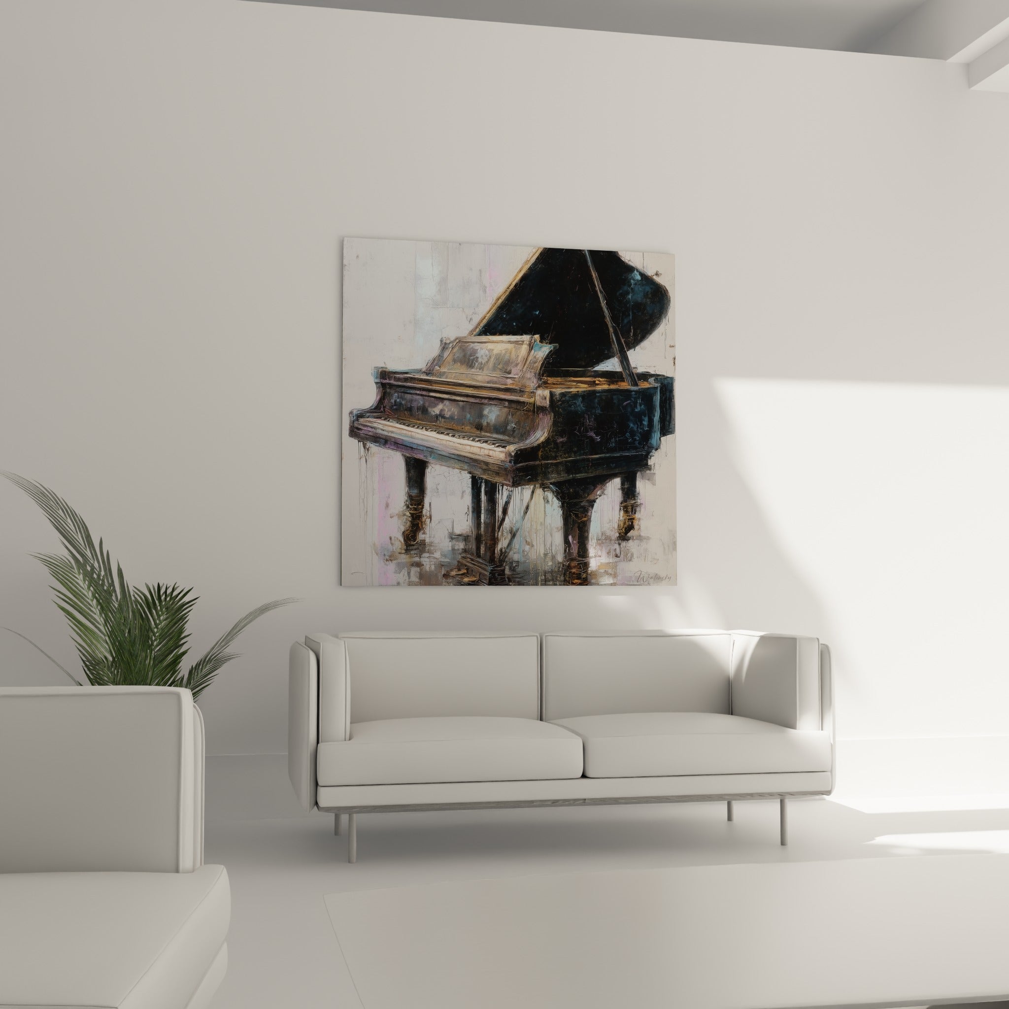 Piano noir laqué et doré, texture craquelée en fond gris, au-dessus d'un canapé dans un salon lumineux.