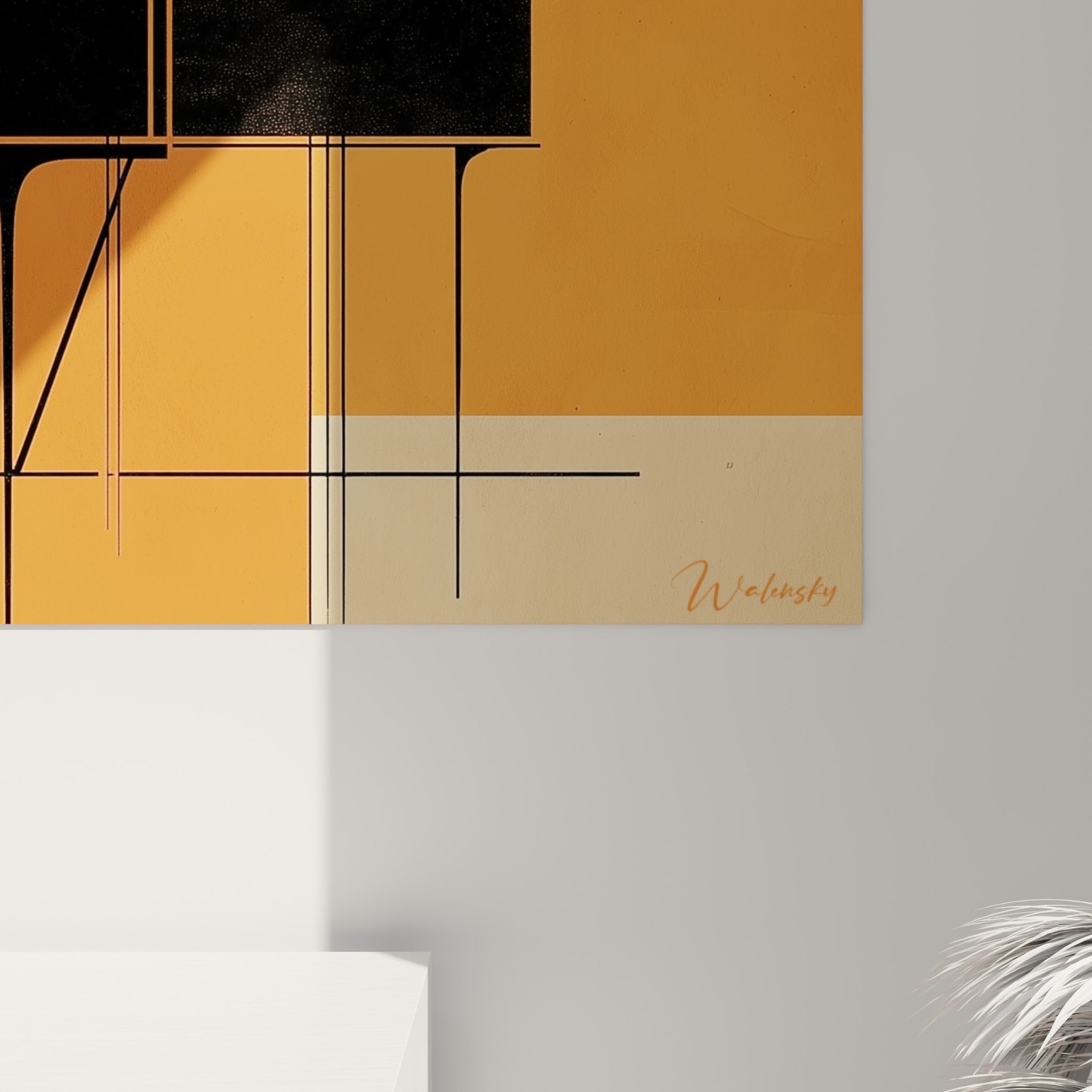 Détail des contours noirs profonds et du grain de l'impression sur les tons orange et beige de la toile
