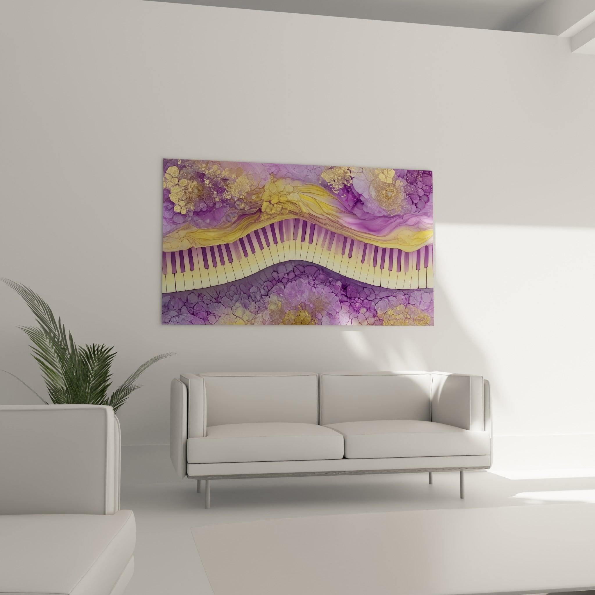 Piano fluide en violet lilas et doré scintillant, au-dessus d'un canapé dans un salon lumineux