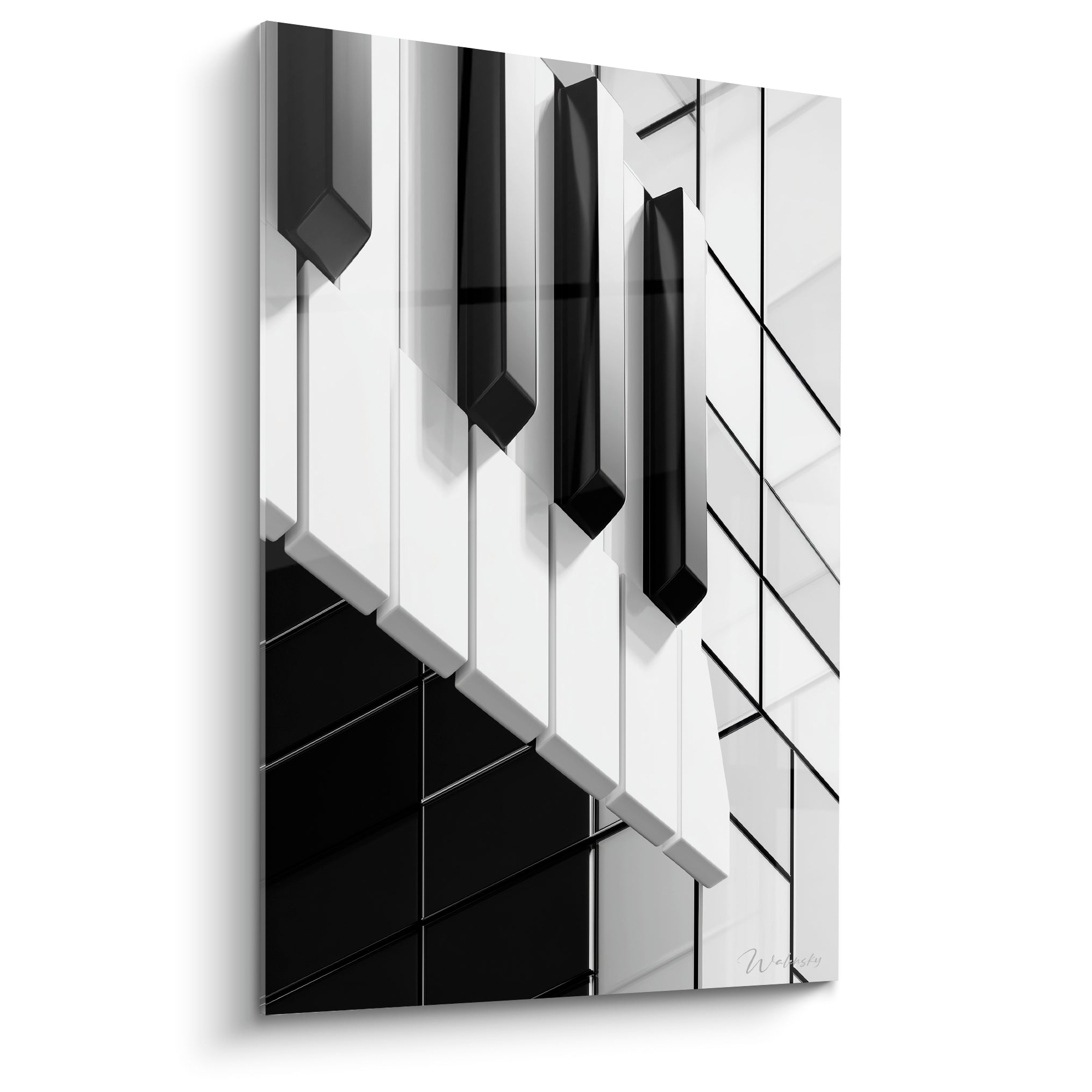 Musique en touches de piano noir et blanc, perspective diagonale et reflets sur clavier carrelé