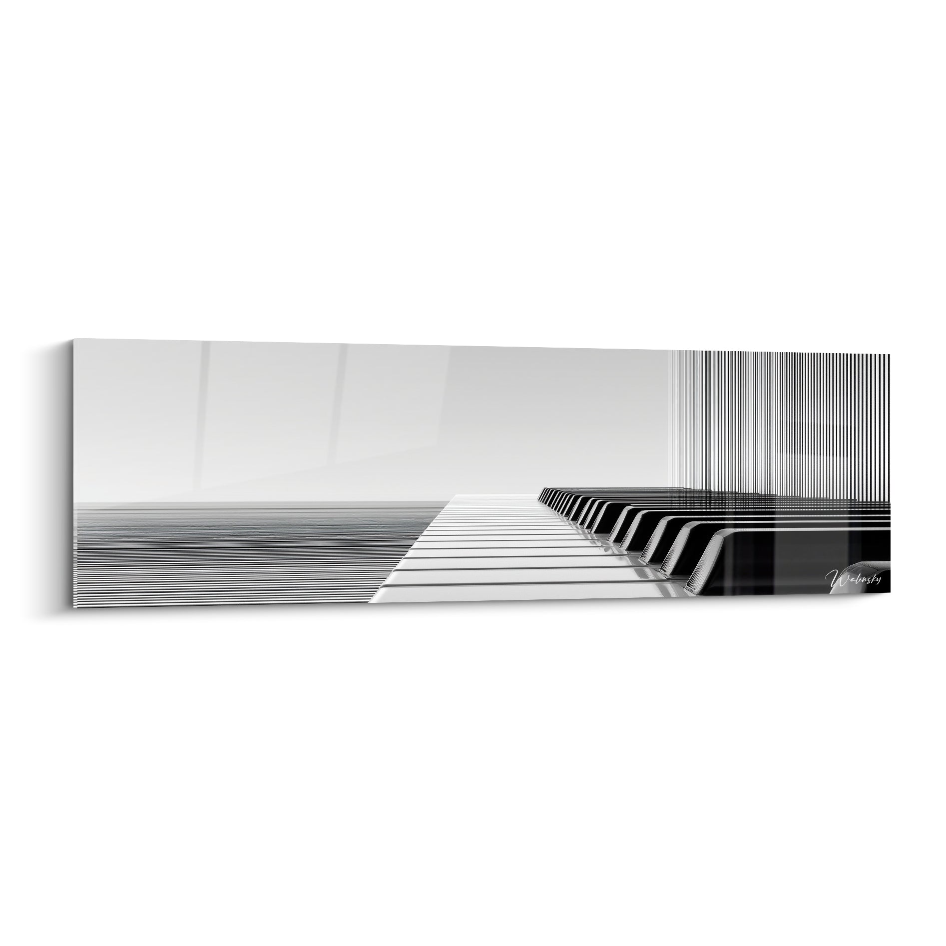 Clavier de piano noir et blanc se prolongeant en lignes grises vers un horizon infini