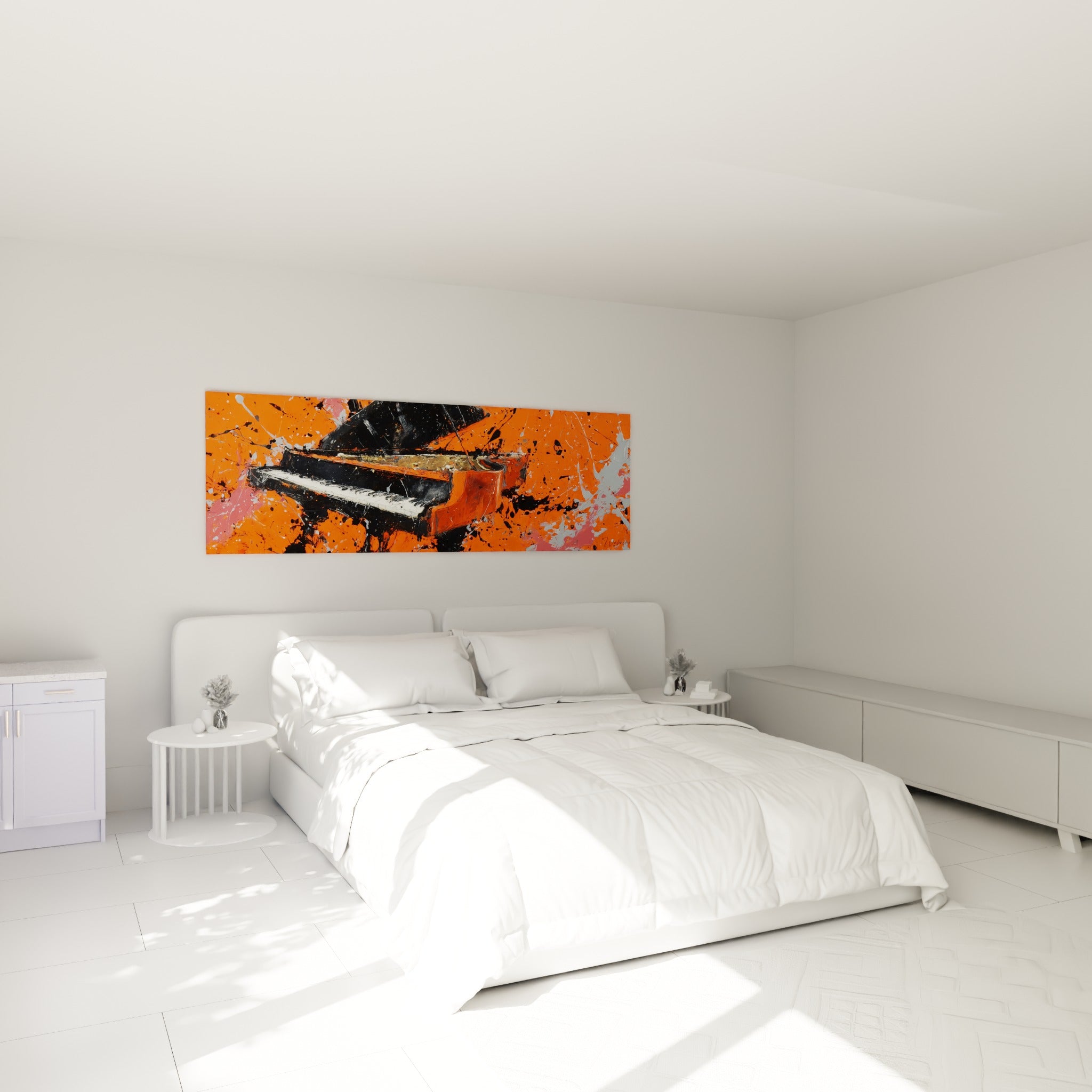 Instrument musical orange brûlé et noir laqué, accroché au-dessus d'un lit dans une chambre claire