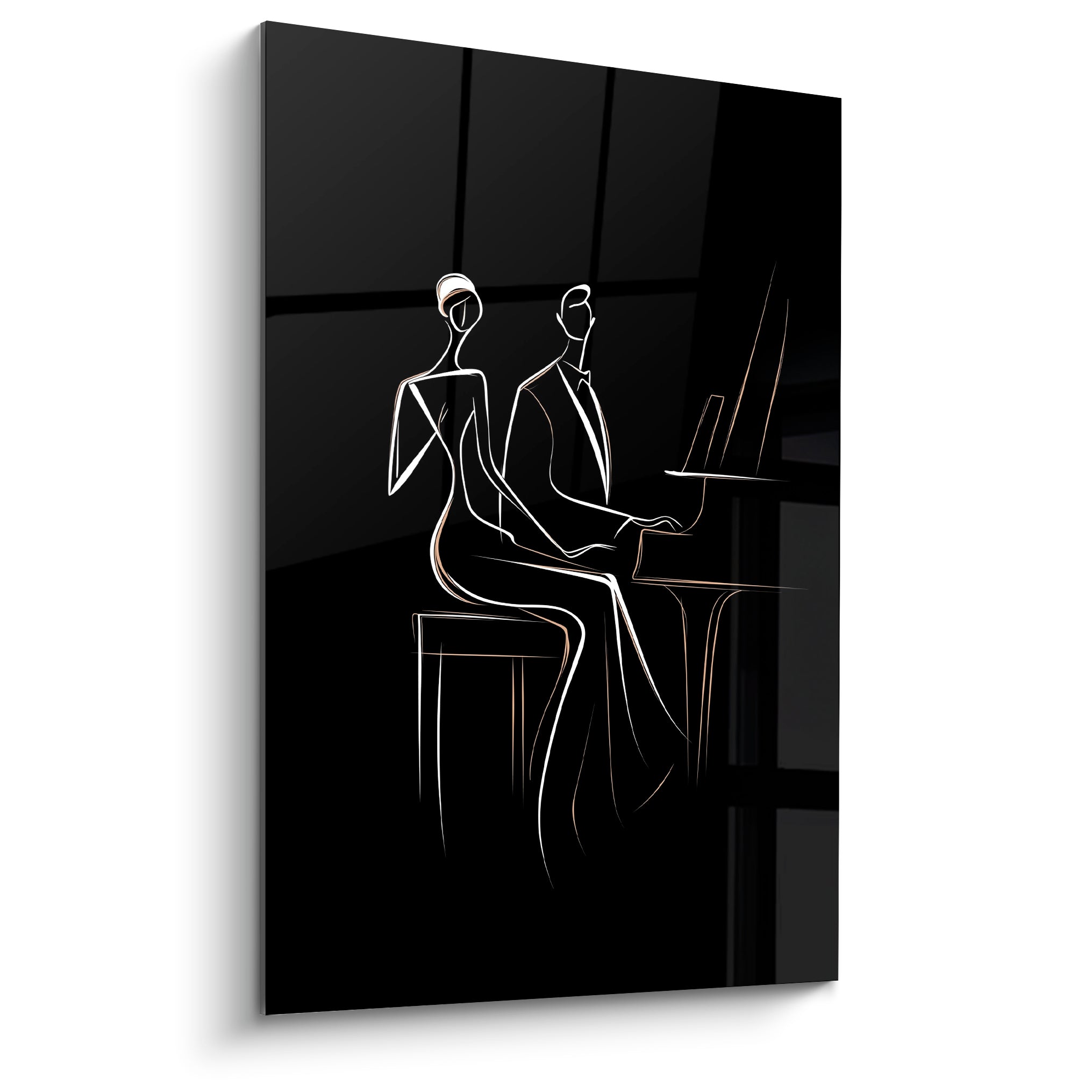 Musique : silhouettes en fils dorés autour d'un piano, tracées en blanc sur fond noir profond