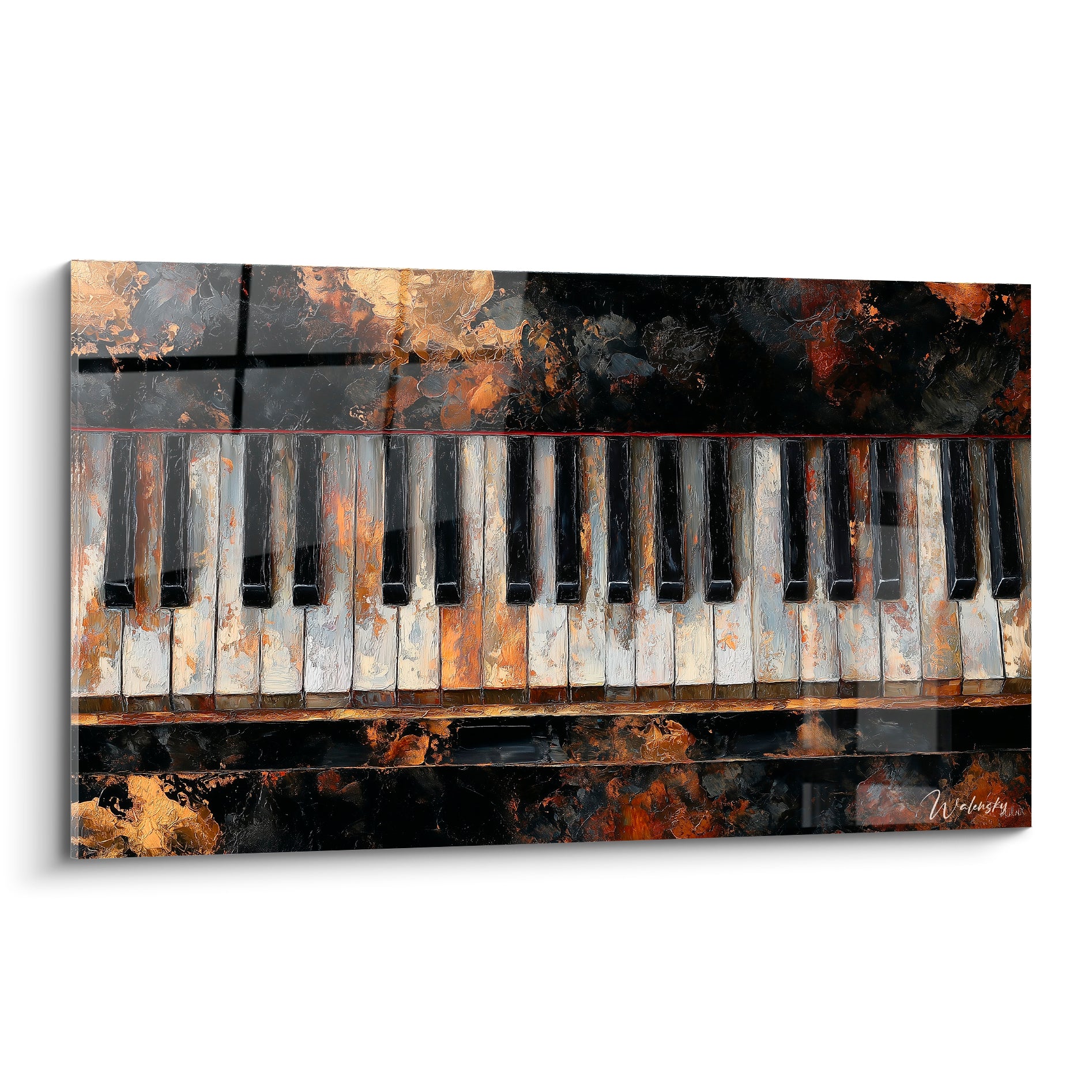 Clavier de piano noir et doré, touches patinées, ligne rouge, style pictural texturé