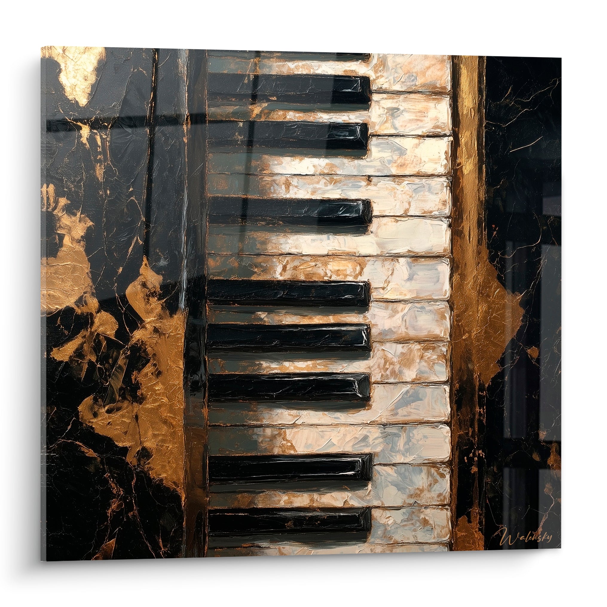 Touches de piano noires et blanches texturées, veines dorées sur fond marbré, tableau Musique