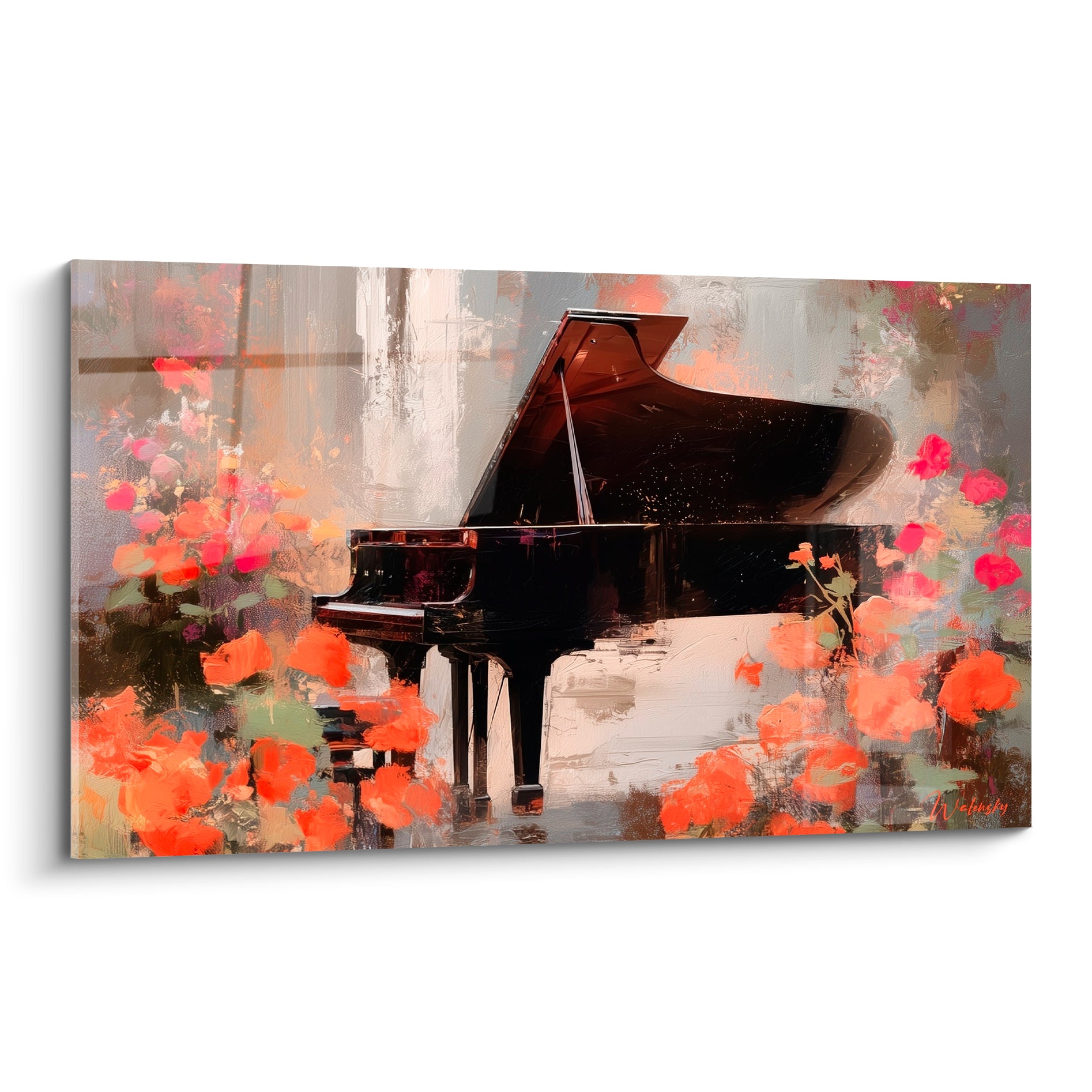 Piano à queue noir laqué entouré de fleurs orange et roses, style peinture au couteau expressive