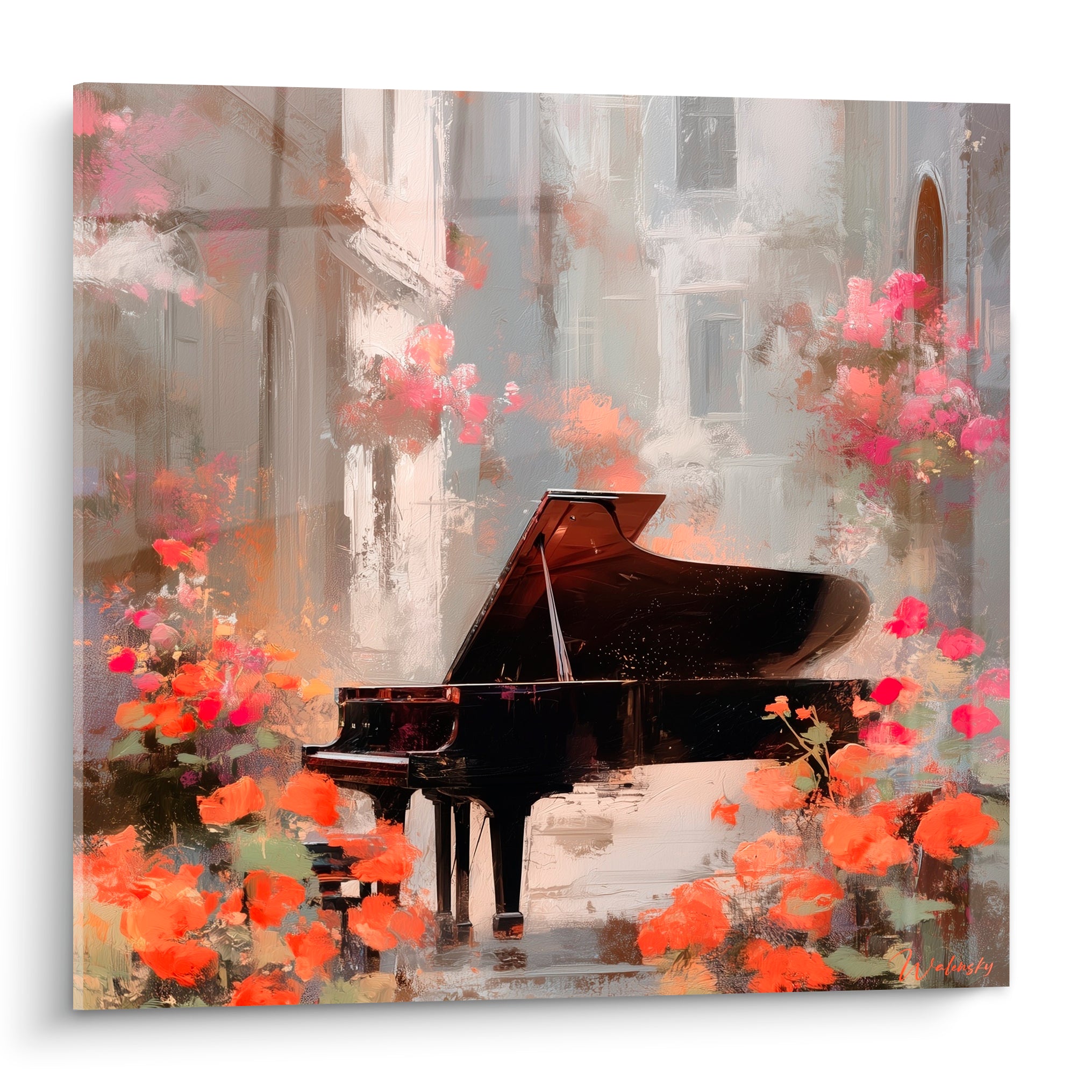 Piano à queue noir entouré de fleurs orange et roses vives dans une ruelle aux tons gris estompés
