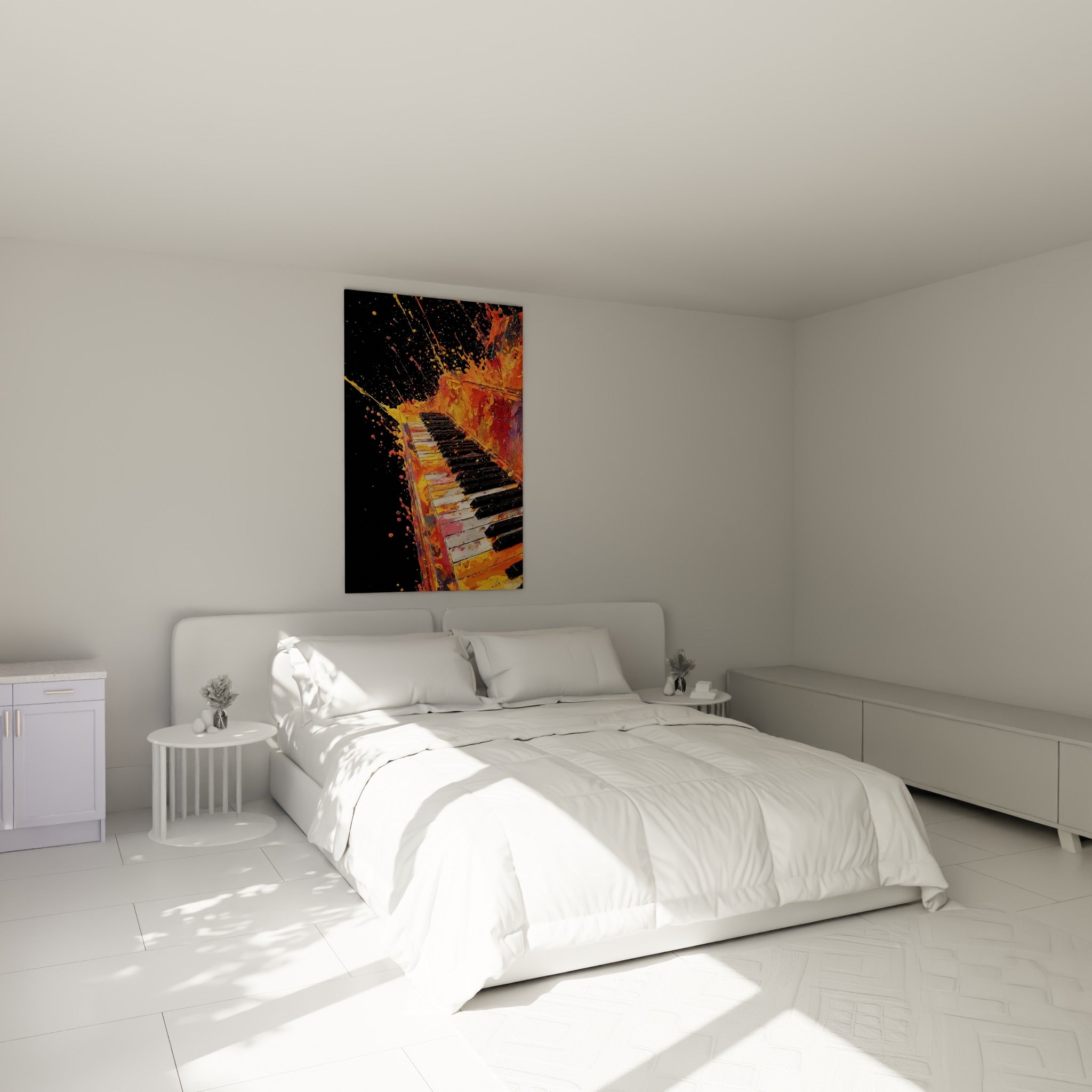 Clavier de piano incandescent orange et jaune sur fond noir, accroché au-dessus d'un lit dans une chambre claire