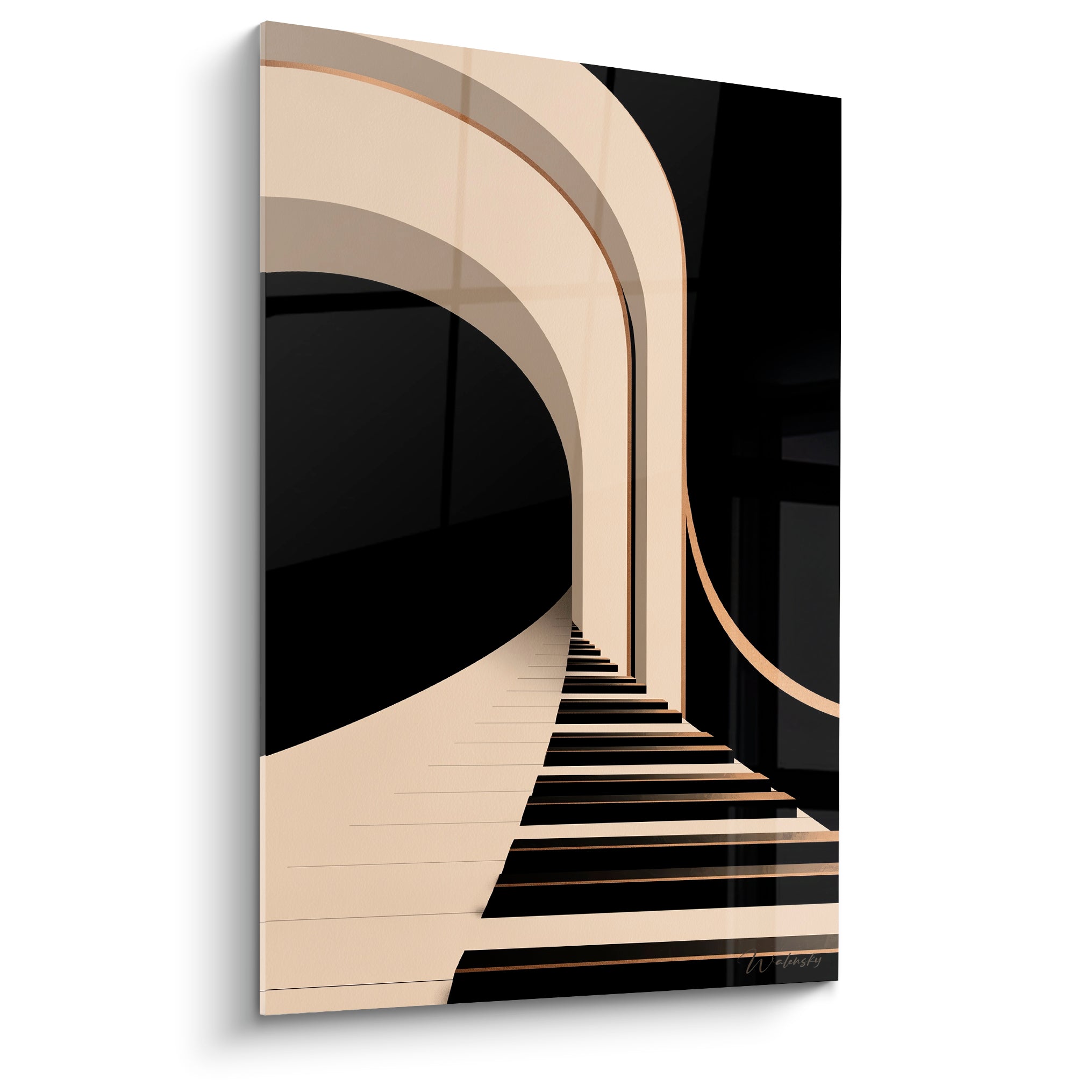 Clavier de piano noir et ivoire s'étirant sous des arches dorées en perspective infinie
